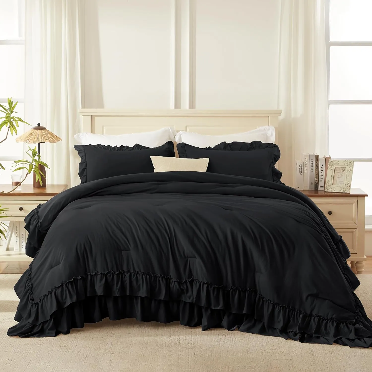 Andency Black Queen Comforter Set(90x90Inch), 3 Pieces Lightweight Fluffy Ruffle Bedding Comforter Sets for Queen Bed, Farmhouse Shabby Chic Soft Microfiber All Season Bed Set