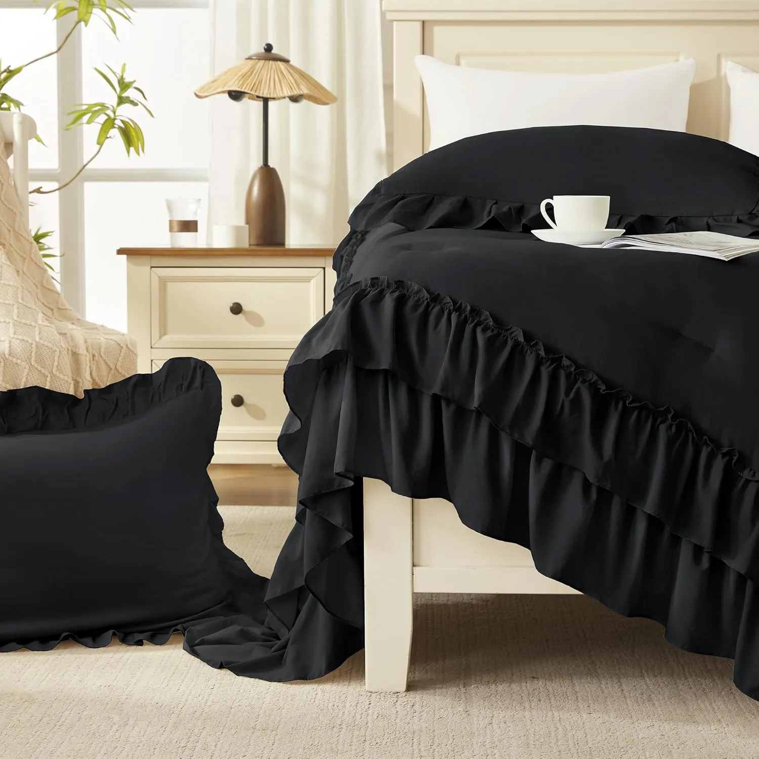 Andency Black Queen Comforter Set(90x90Inch), 3 Pieces Lightweight Fluffy Ruffle Bedding Comforter Sets for Queen Bed, Farmhouse Shabby Chic Soft Microfiber All Season Bed Set