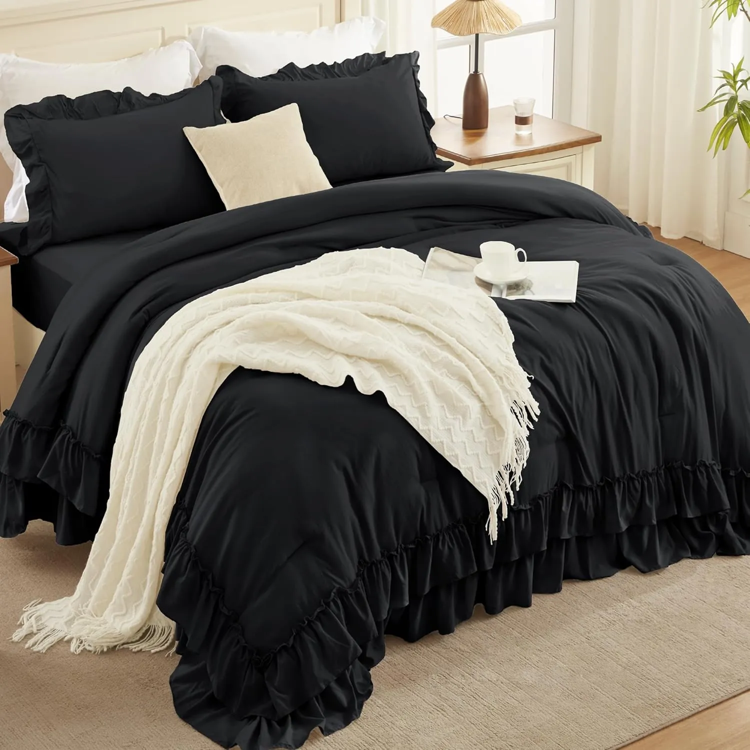 Andency Black Queen Comforter Set(90x90Inch), 3 Pieces Lightweight Fluffy Ruffle Bedding Comforter Sets for Queen Bed, Farmhouse Shabby Chic Soft Microfiber All Season Bed Set