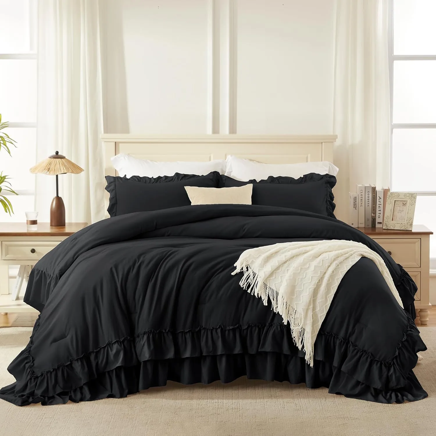 Andency Black Queen Comforter Set(90x90Inch), 3 Pieces Lightweight Fluffy Ruffle Bedding Comforter Sets for Queen Bed, Farmhouse Shabby Chic Soft Microfiber All Season Bed Set