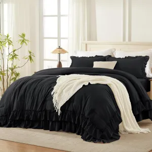 Andency Black Queen Comforter Set(90x90Inch), 3 Pieces Lightweight Fluffy Ruffle Bedding Comforter Sets for Queen Bed, Farmhouse Shabby Chic Soft Microfiber All Season Bed Set