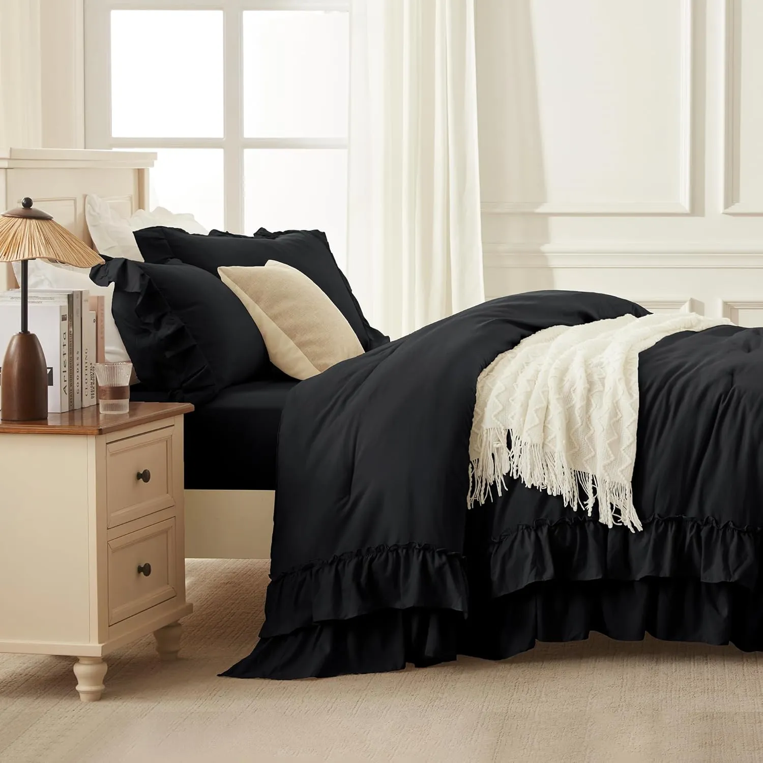 Andency Black Queen Comforter Set(90x90Inch), 3 Pieces Lightweight Fluffy Ruffle Bedding Comforter Sets for Queen Bed, Farmhouse Shabby Chic Soft Microfiber All Season Bed Set