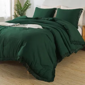 Andency Dark Emerald Green Comforter Set Full, 3 Pieces Boho Lightweight Forest Bedding Comforter Sets, All Season Fluffy Tassel Bed Set (79x90In Comforter & 2 Pillowcases)