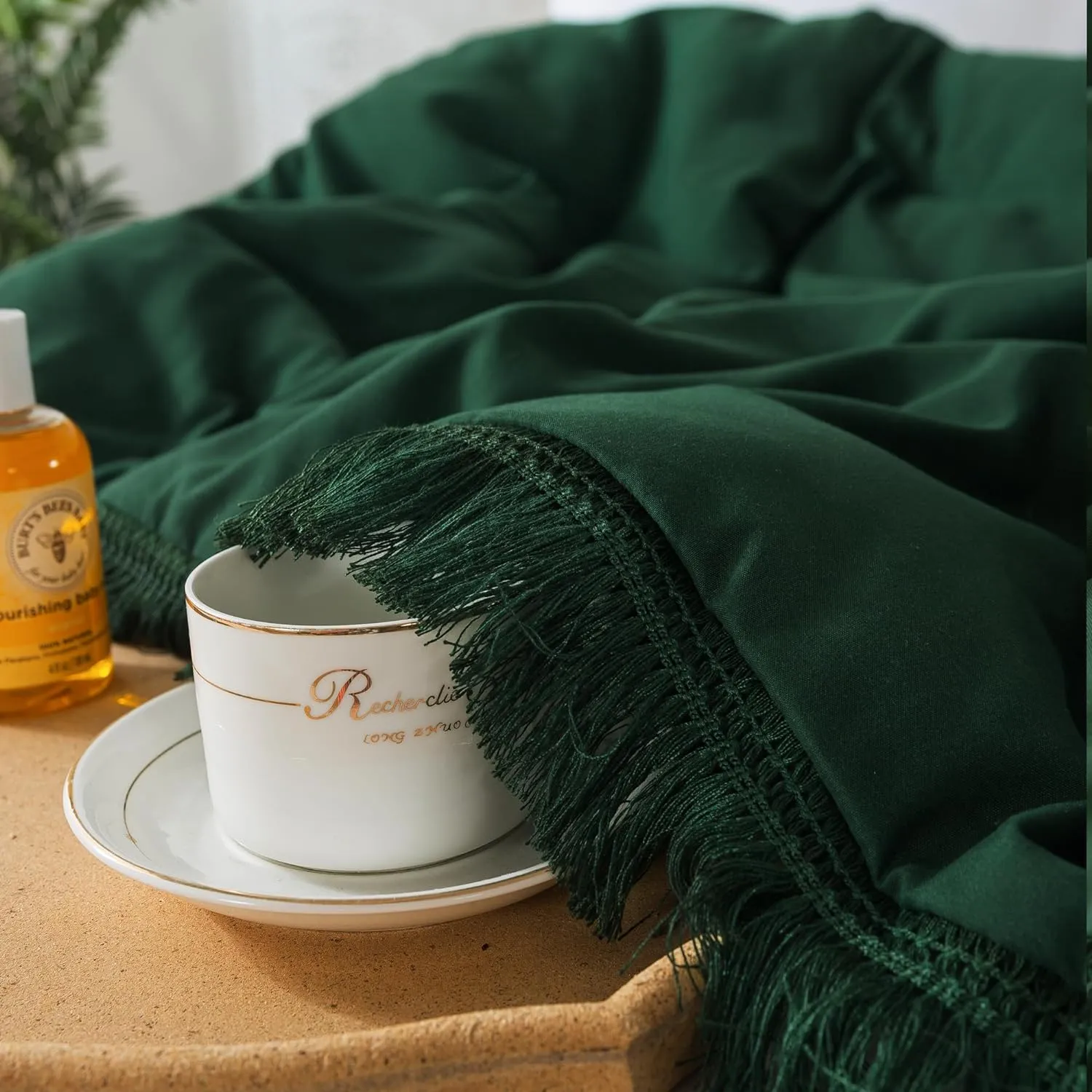 Andency Dark Emerald Green Comforter Set Full, 3 Pieces Boho Lightweight Forest Bedding Comforter Sets, All Season Fluffy Tassel Bed Set (79x90In Comforter & 2 Pillowcases)