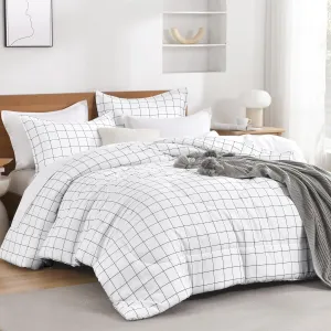 Andency Plaid Comforter Queen(90x90 Inch), White Grid Gingham Bed Set for Teen Boys Kids, Lightweight Reversible Preppy Bedding，3 Pieces(1 Comforter and 2 Pillowcases)