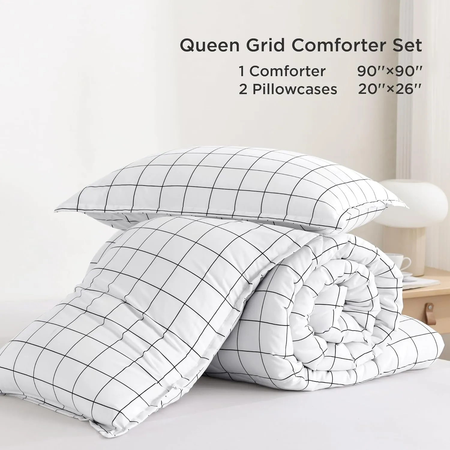 Andency Plaid Comforter Queen(90x90 Inch), White Grid Gingham Bed Set for Teen Boys Kids, Lightweight Reversible Preppy Bedding，3 Pieces(1 Comforter and 2 Pillowcases)