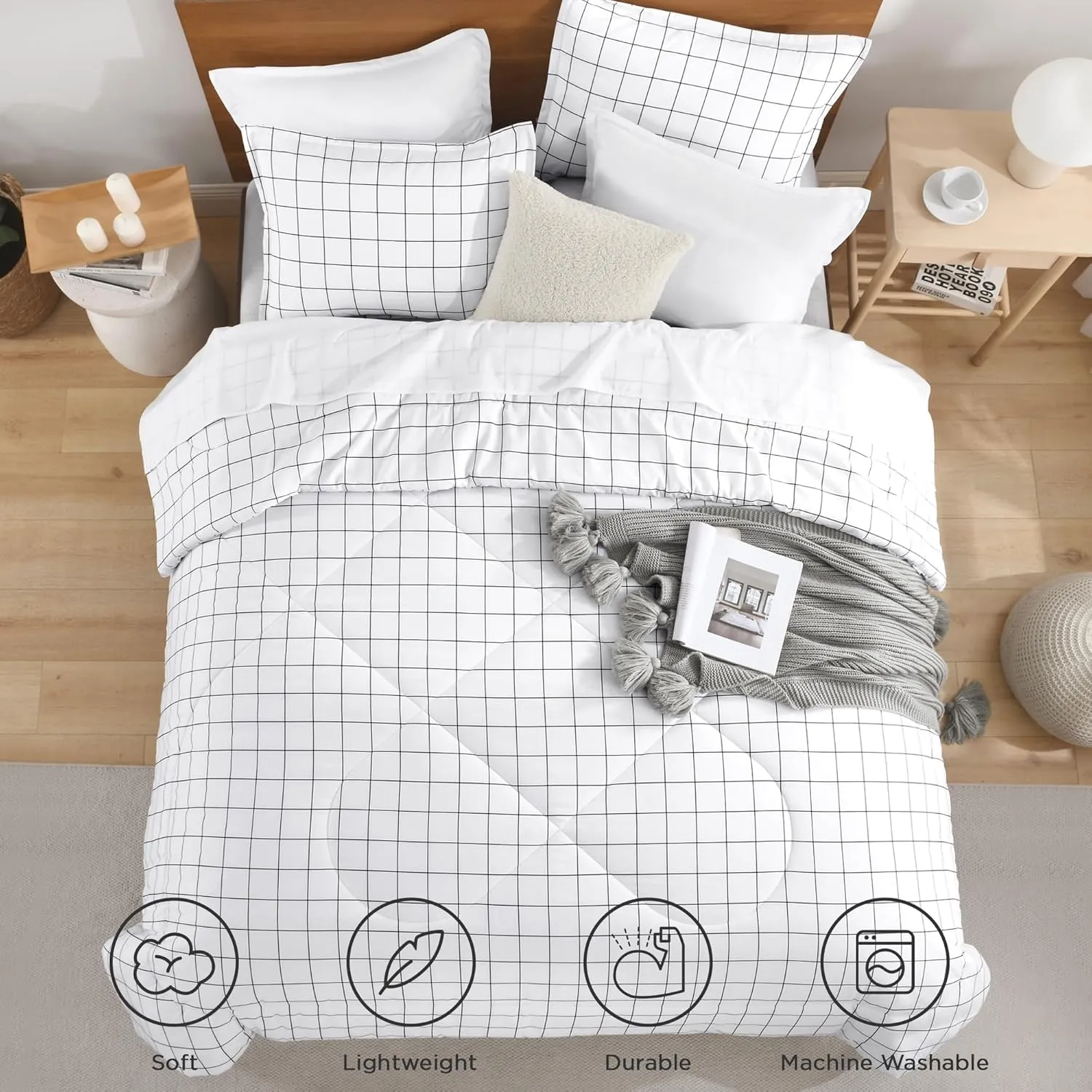 Andency Plaid Comforter Queen(90x90 Inch), White Grid Gingham Bed Set for Teen Boys Kids, Lightweight Reversible Preppy Bedding，3 Pieces(1 Comforter and 2 Pillowcases)