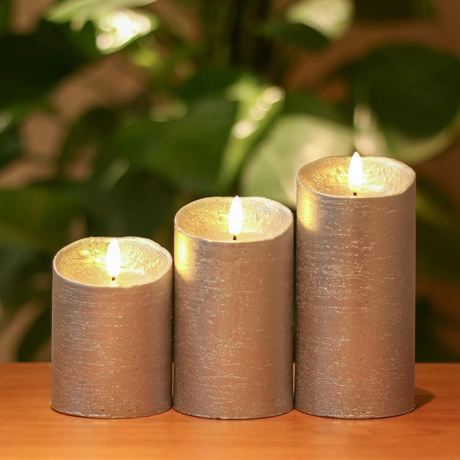 ANGELLOONG Battery Operated Candles with Remote, Real Wax Flickering Flameless Candles with Timer, Set of 3 Electric LED Candles for Valentines Wedding Holiday Party Home Decor, Silver