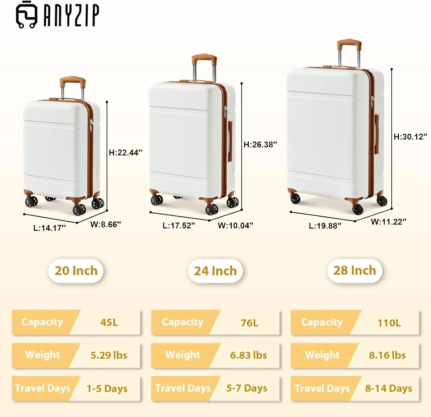 AnyZip Luggage Sets, Lightweight ABS 3 Piece Set Suitcase with Spinner Wheels 20 24 28 Inch Suitcase Set (Whitebrown)