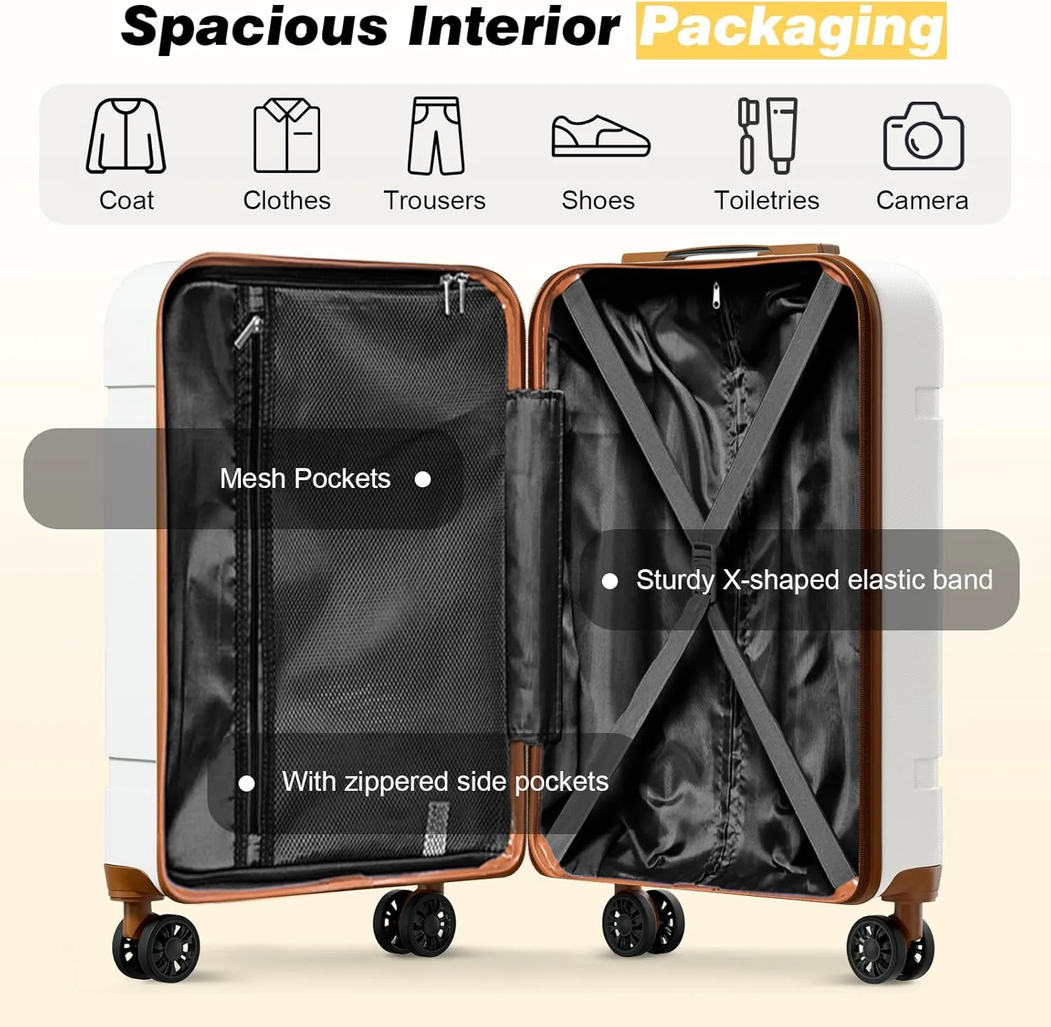 AnyZip Luggage Sets, Lightweight ABS 3 Piece Set Suitcase with Spinner Wheels 20 24 28 Inch Suitcase Set (Whitebrown)
