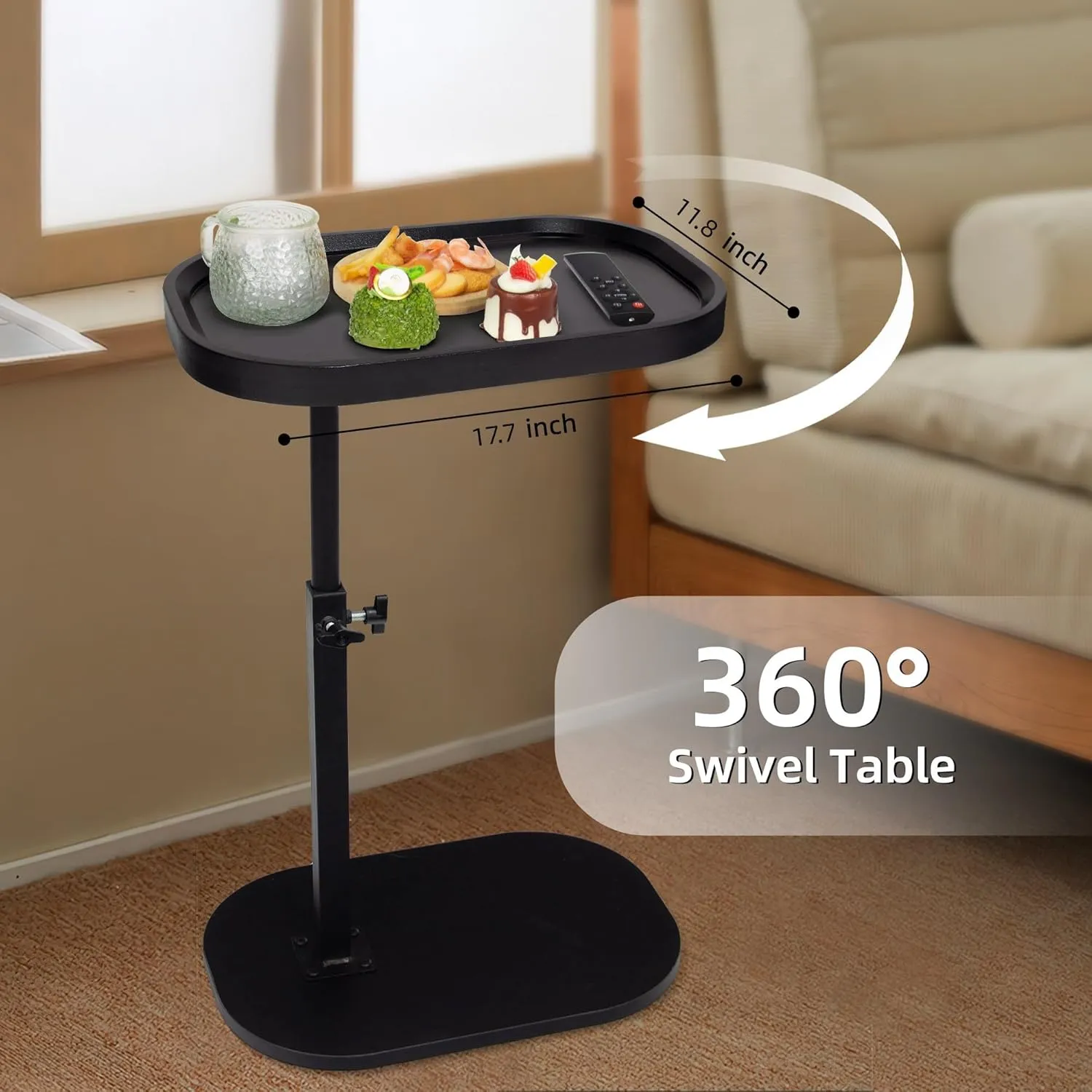 Aoligrace 360°Swivel C Shaped End Table, Adjustable Height TV Tray Table for Couch Sofa Bed, Black Small Side Table for Small Spaces Living Room Bedroom