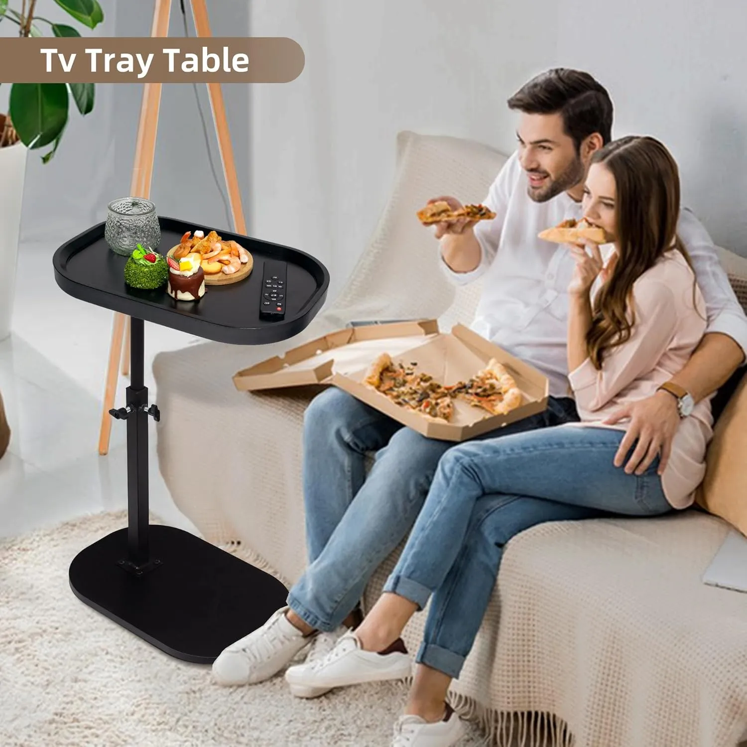 Aoligrace 360°Swivel C Shaped End Table, Adjustable Height TV Tray Table for Couch Sofa Bed, Black Small Side Table for Small Spaces Living Room Bedroom