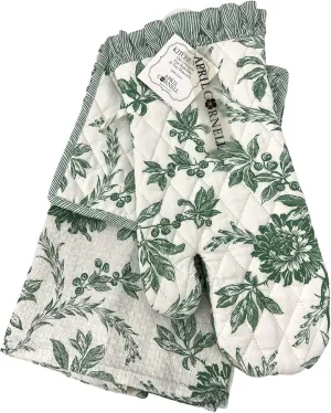 April Cornell 4-Pc. Felicity Green Bunny Floral Toile Kitchen Linen Gift Set | Lovely Floral Toile in Green and White | 100% Cotton