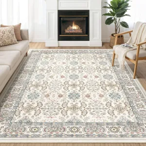 Area Rugs for Living Room: 8x10 Washable Rug Vintage Boho Floral Print - Ultra Thin Stain Resistant Large Soft Non Slip Foldable Carpets for Bedroom Dining Room Office Nursery - Multi