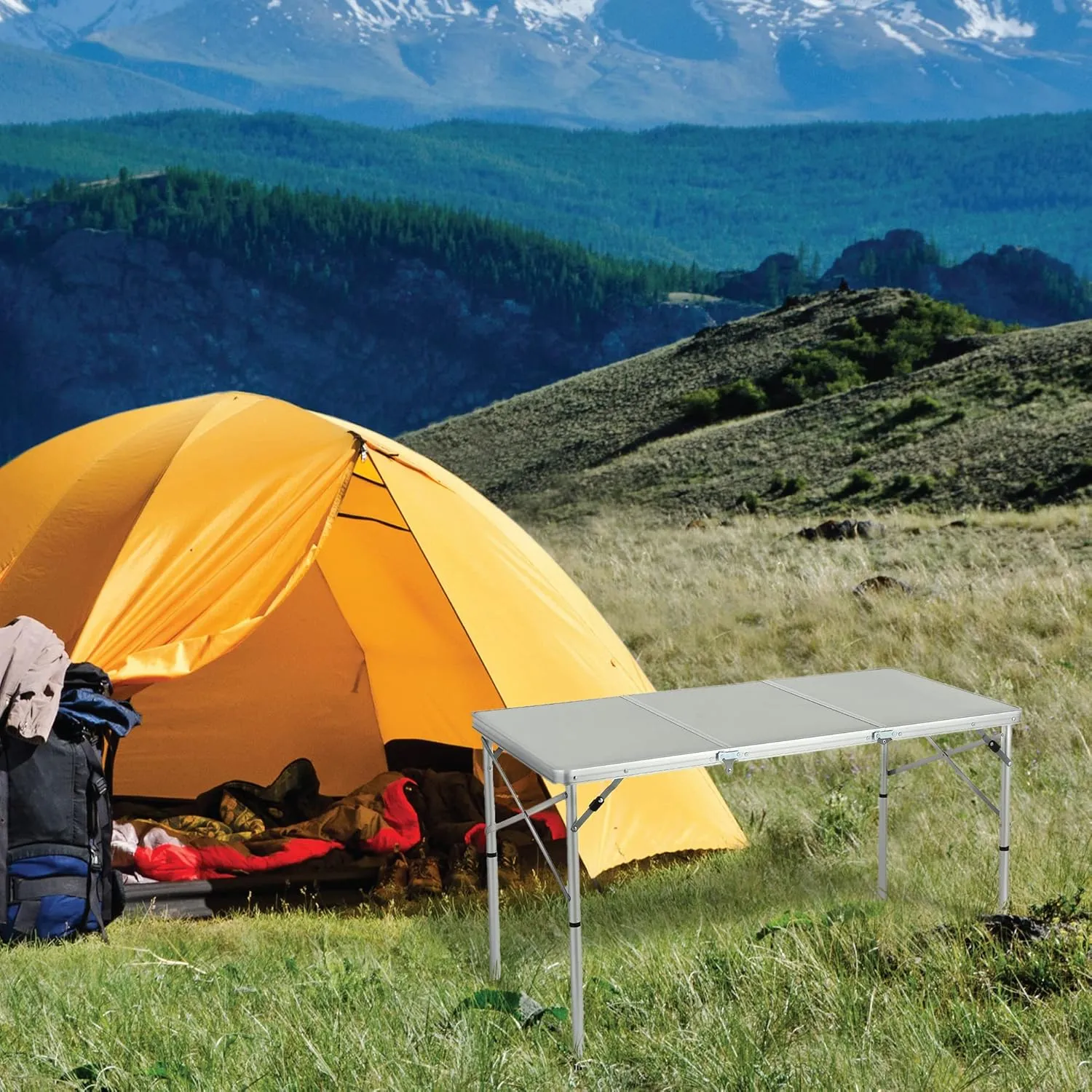 ARROWHEAD OUTDOOR 4’ ft Heavy-Duty Portable Aluminum Frame Folding Table w/Leveling Feet, Solid Tabletop Surface, 2 Adjustable Heights, Carrying Case Included, Lightweight, USA-Based Support