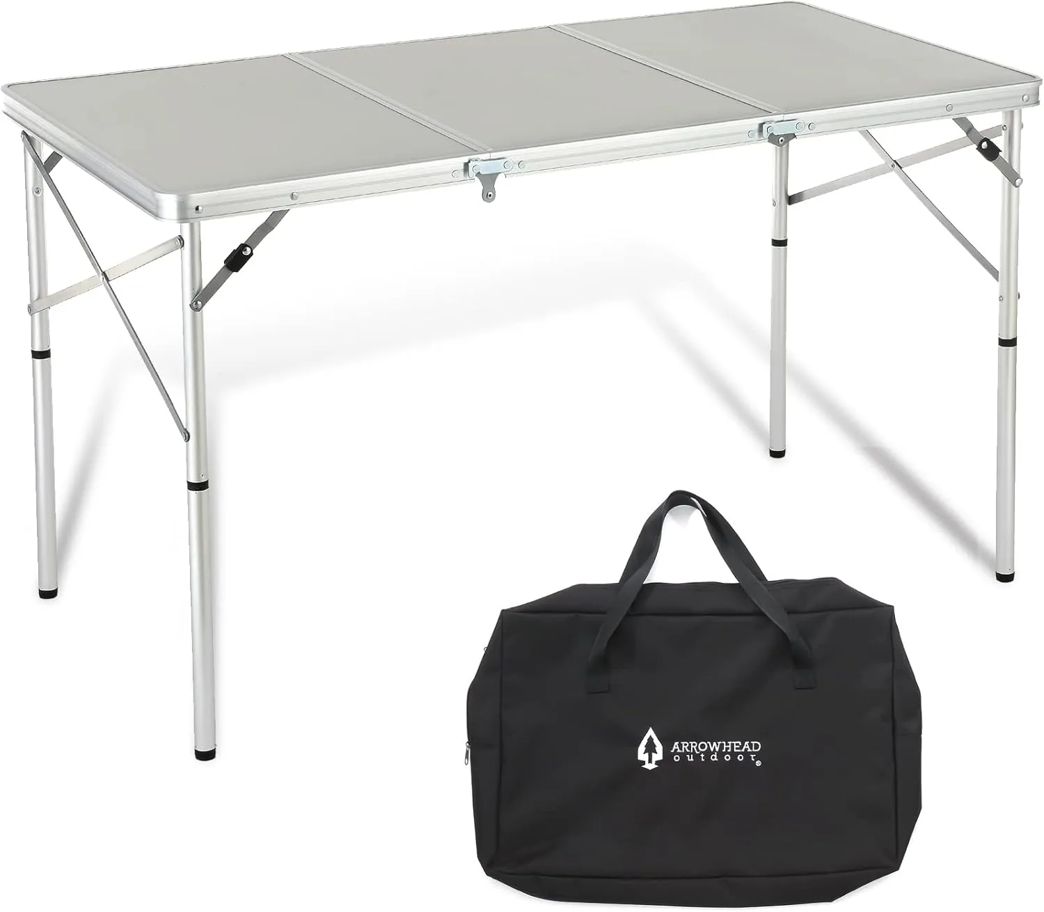 ARROWHEAD OUTDOOR 4’ ft Heavy-Duty Portable Aluminum Frame Folding Table w/Leveling Feet, Solid Tabletop Surface, 2 Adjustable Heights, Carrying Case Included, Lightweight, USA-Based Support