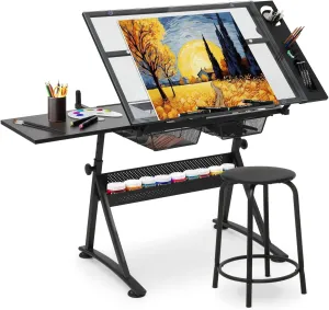 Athena Collection Drafting Table for Artists, Height Adjustable Drawing Table, Dual Desktop Art Desk Metal Frame Art Table Tiltable Craft Desk Paintings Work Station with Stool and Drawers, Black