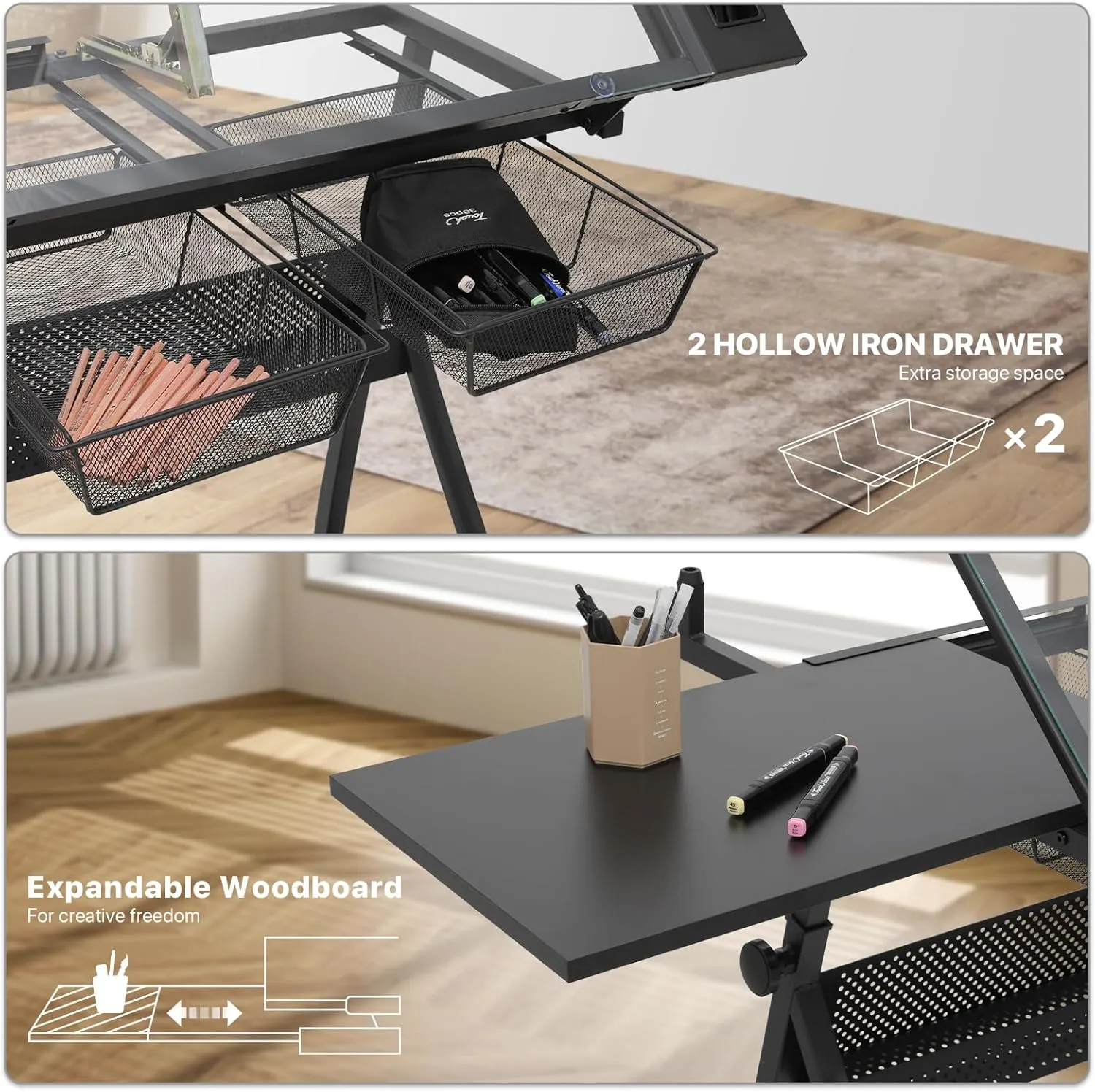 Athena Collection Drafting Table for Artists, Height Adjustable Drawing Table, Dual Desktop Art Desk Metal Frame Art Table Tiltable Craft Desk Paintings Work Station with Stool and Drawers, Black