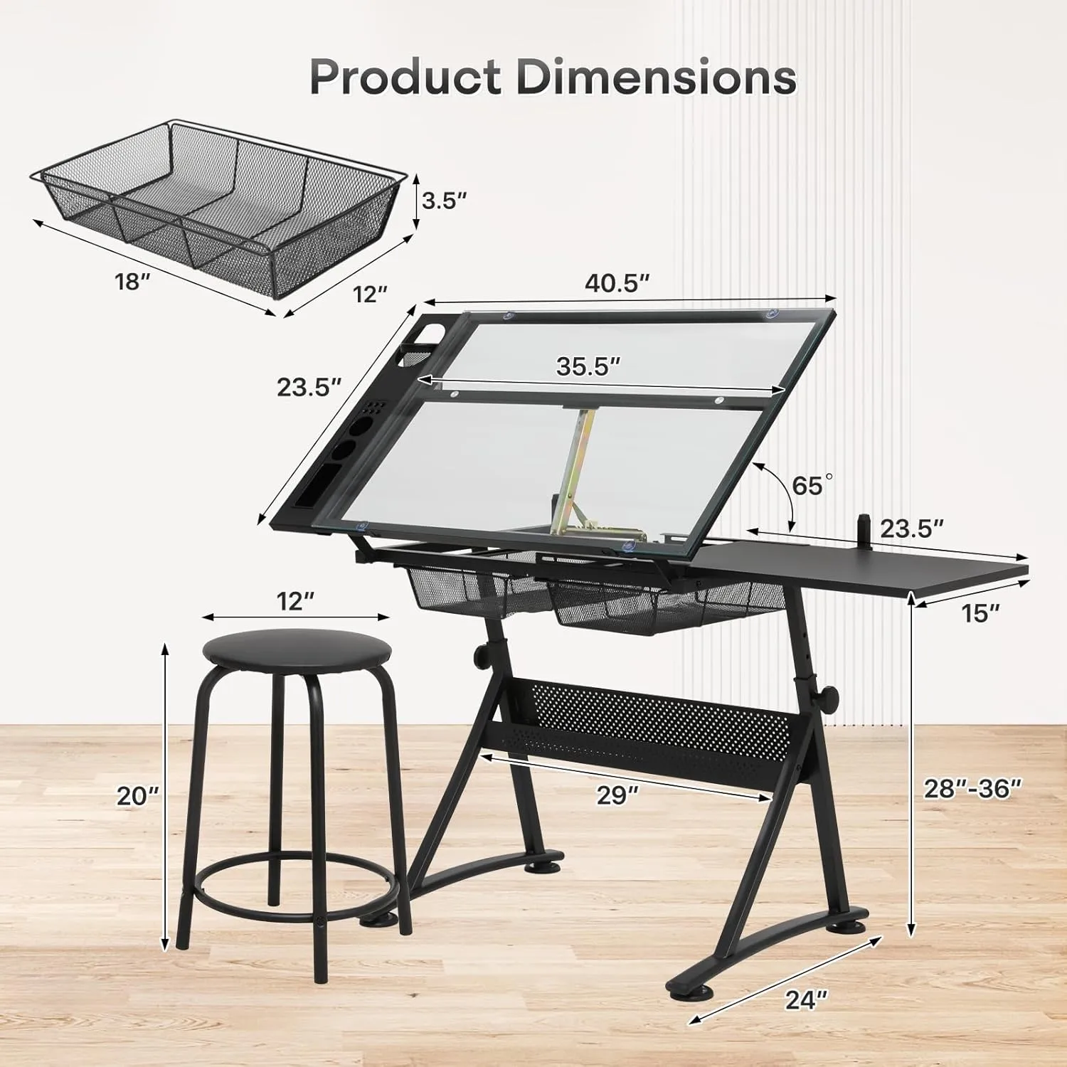 Athena Collection Drafting Table for Artists, Height Adjustable Drawing Table, Dual Desktop Art Desk Metal Frame Art Table Tiltable Craft Desk Paintings Work Station with Stool and Drawers, Black