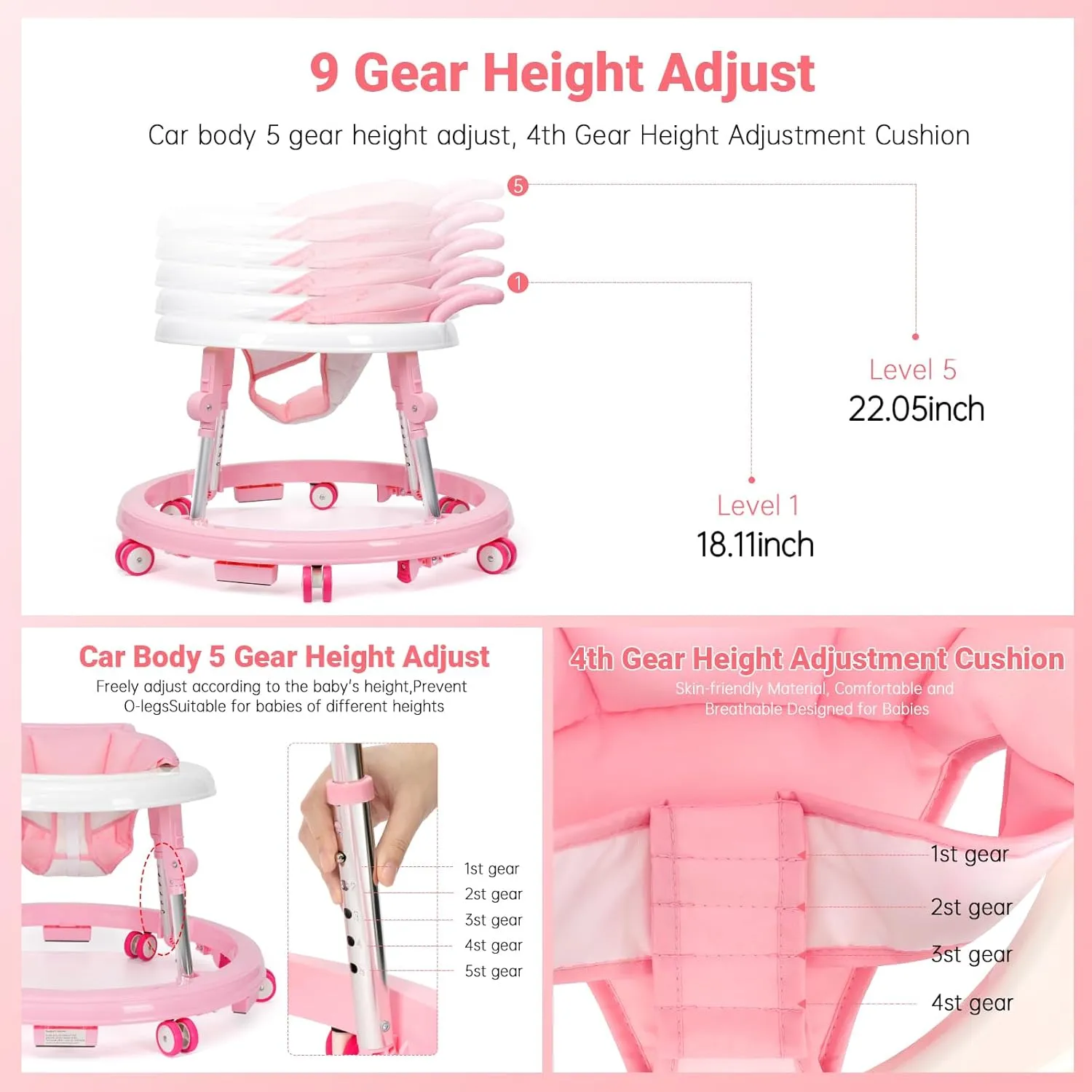 Baby Walker Foldable with 9 Adjustable Heights, Baby Walker with Wheels Portable, Infant Toddler Walker for Baby Boy Girls 6-18 Months (Pink)