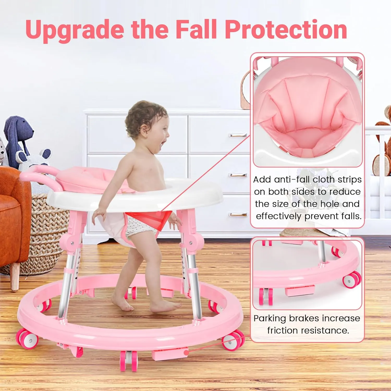 Baby Walker Foldable with 9 Adjustable Heights, Baby Walker with Wheels Portable, Infant Toddler Walker for Baby Boy Girls 6-18 Months (Pink)