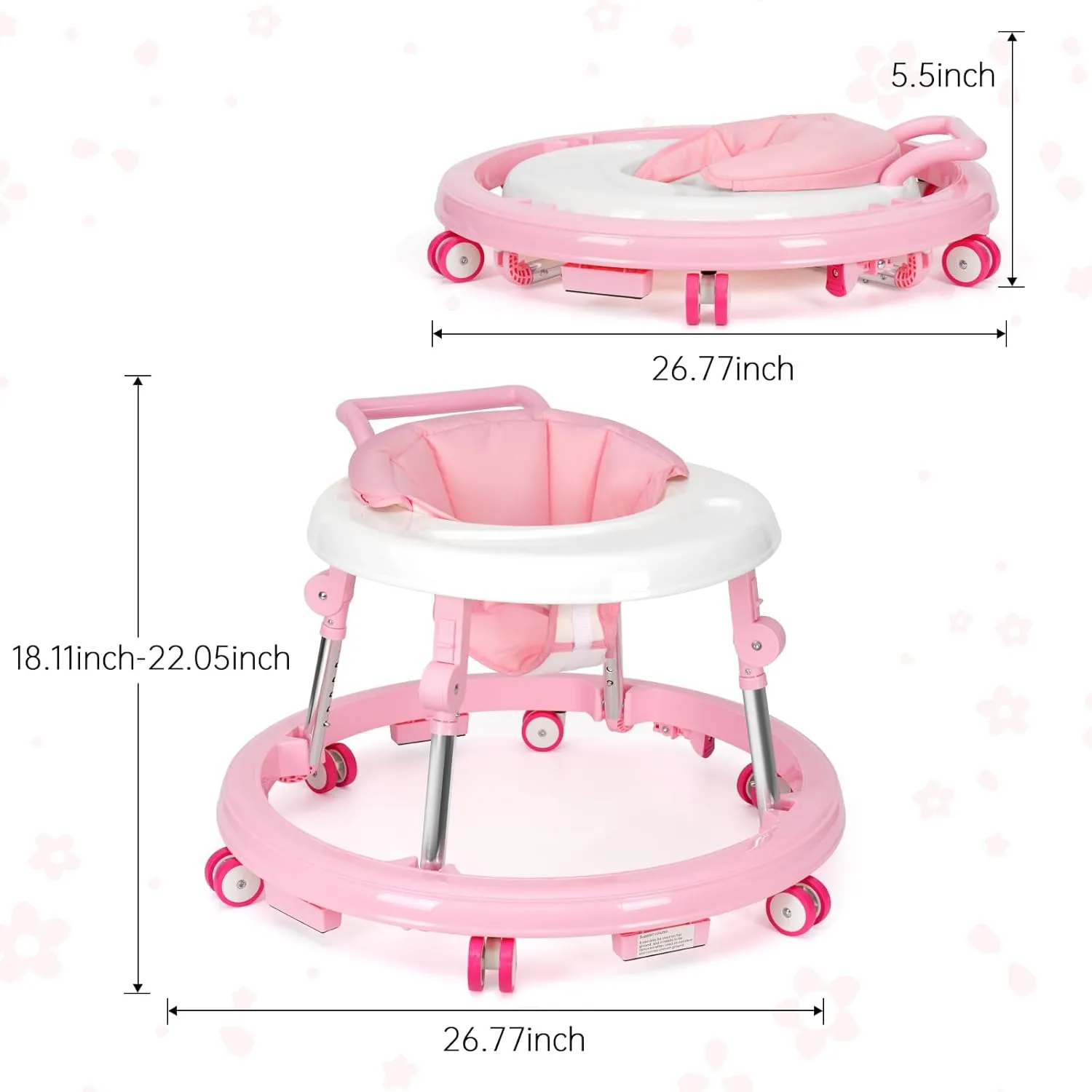 Baby Walker Foldable with 9 Adjustable Heights, Baby Walker with Wheels Portable, Infant Toddler Walker for Baby Boy Girls 6-18 Months (Pink)