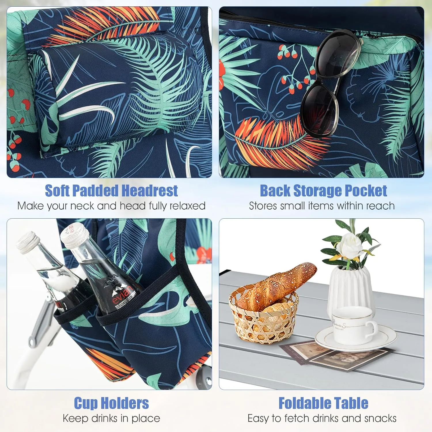 Backpack Beach Chair, 5 Position Adjustable Camping Chairs with Aluminum Table, Head Pillow, Cooler Bag, Cup Holders, Folding Beach Chairs for Adults (with Table, Floral Pattern)