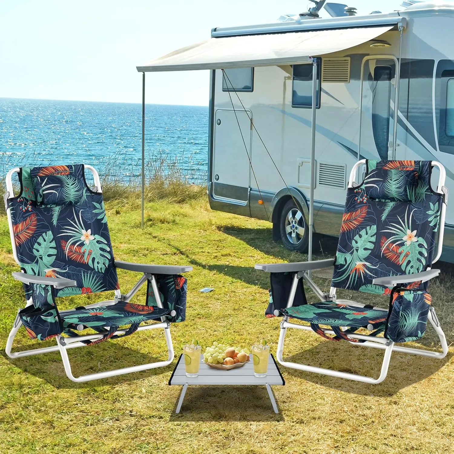 Backpack Beach Chair, 5 Position Adjustable Camping Chairs with Aluminum Table, Head Pillow, Cooler Bag, Cup Holders, Folding Beach Chairs for Adults (with Table, Floral Pattern)