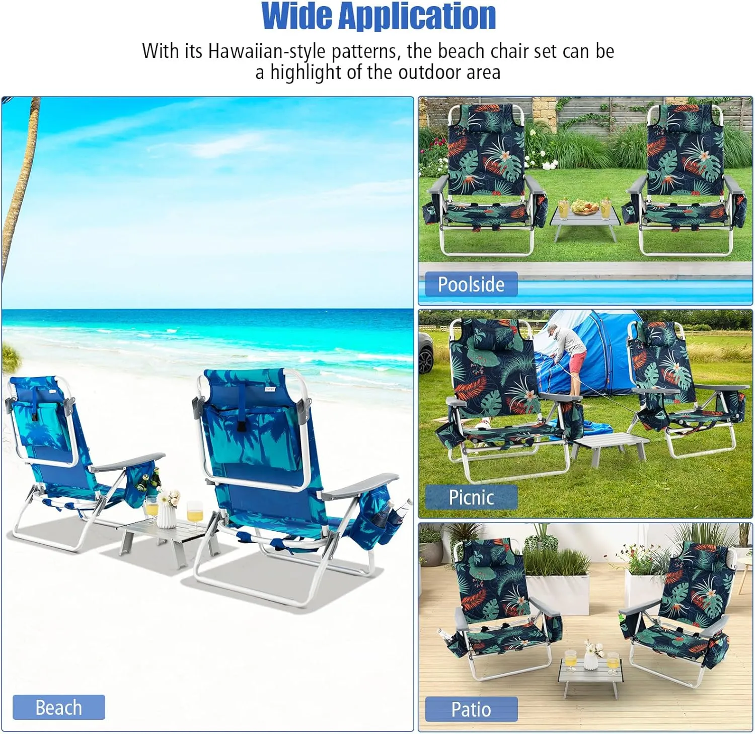 Backpack Beach Chair, 5 Position Adjustable Camping Chairs with Aluminum Table, Head Pillow, Cooler Bag, Cup Holders, Folding Beach Chairs for Adults (with Table, Floral Pattern)