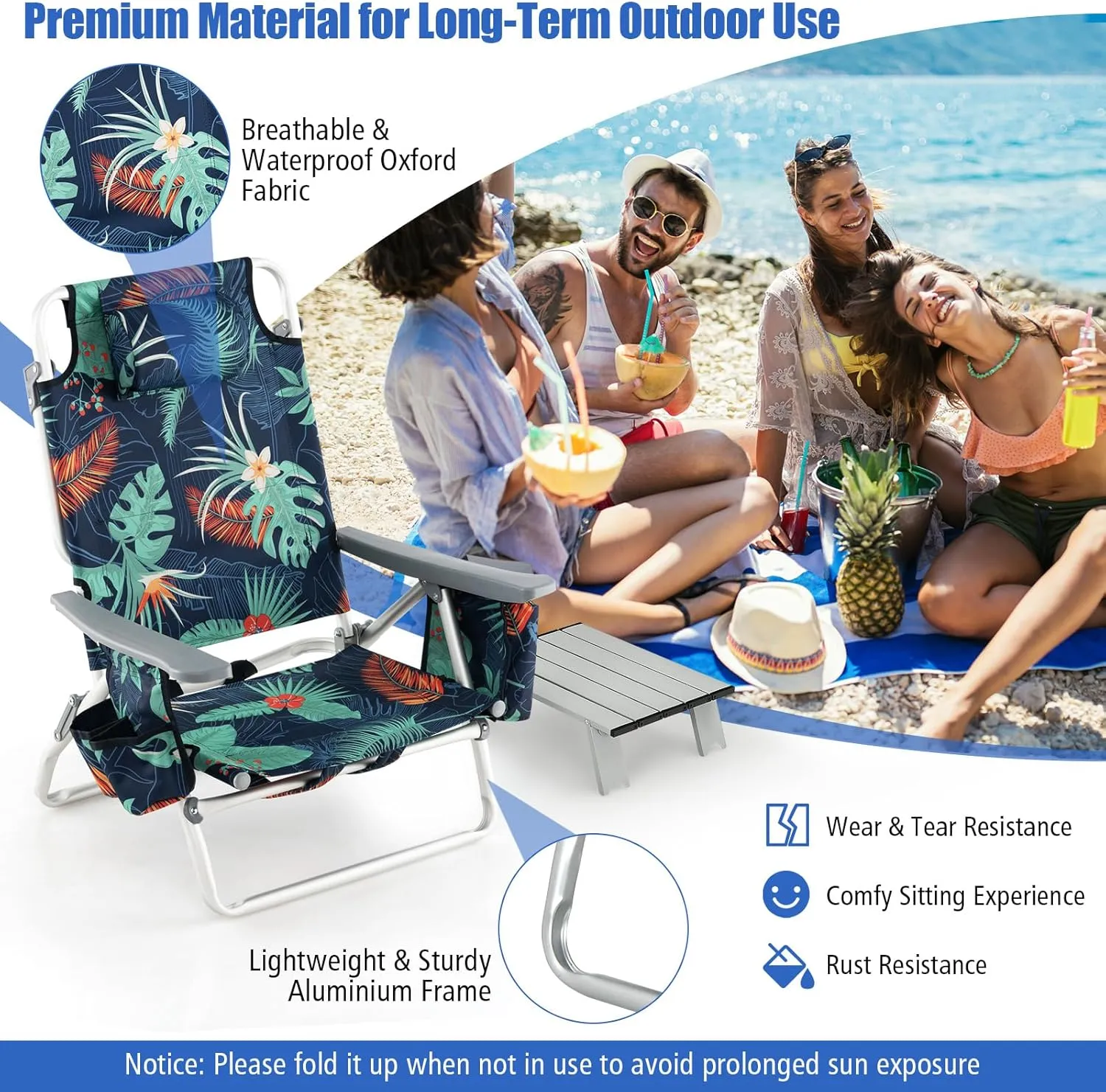 Backpack Beach Chair, 5 Position Adjustable Camping Chairs with Aluminum Table, Head Pillow, Cooler Bag, Cup Holders, Folding Beach Chairs for Adults (with Table, Floral Pattern)