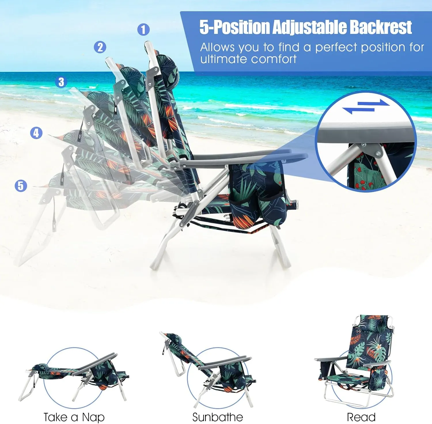 Backpack Beach Chair, 5 Position Adjustable Camping Chairs with Aluminum Table, Head Pillow, Cooler Bag, Cup Holders, Folding Beach Chairs for Adults (with Table, Floral Pattern)