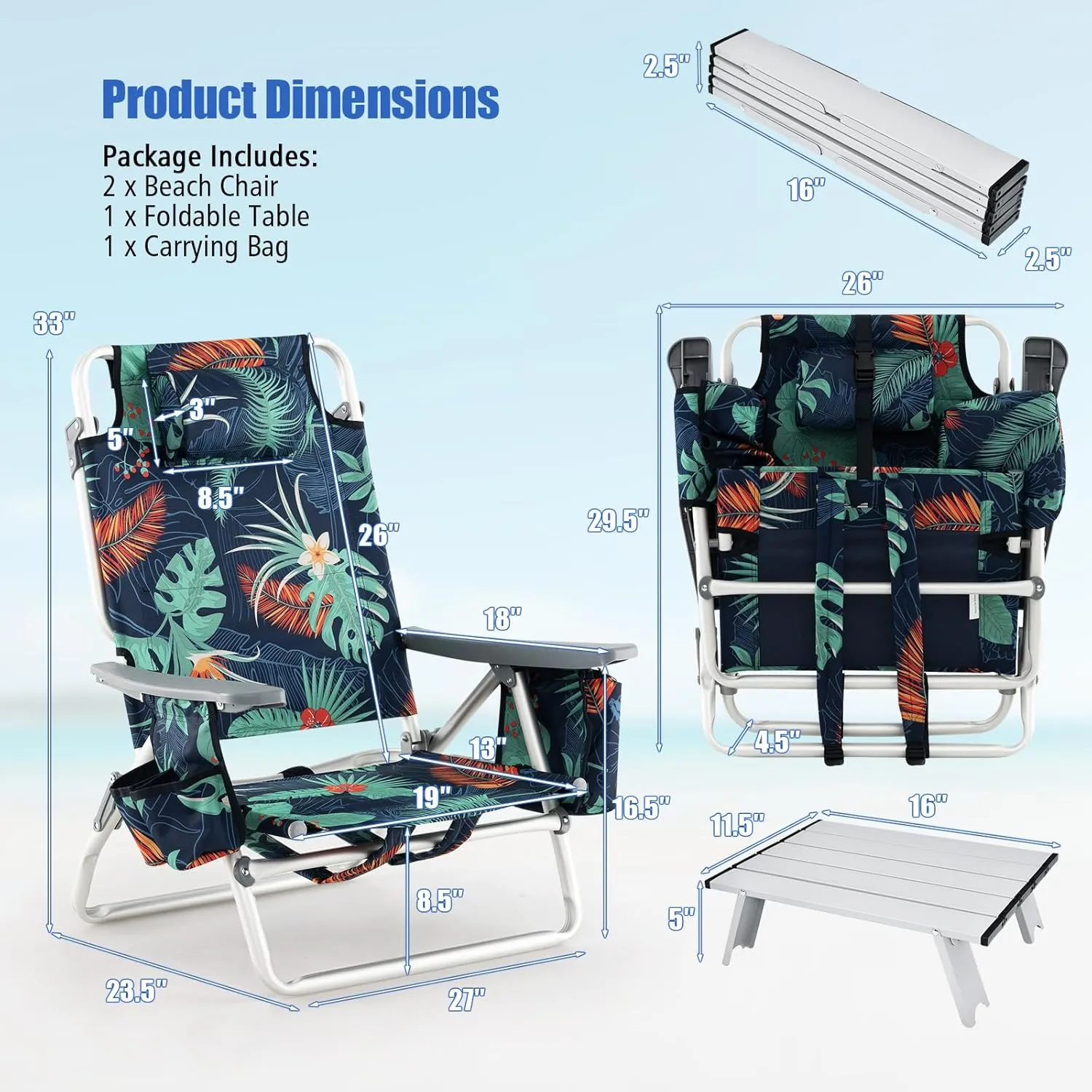 Backpack Beach Chair, 5 Position Adjustable Camping Chairs with Aluminum Table, Head Pillow, Cooler Bag, Cup Holders, Folding Beach Chairs for Adults (with Table, Floral Pattern)