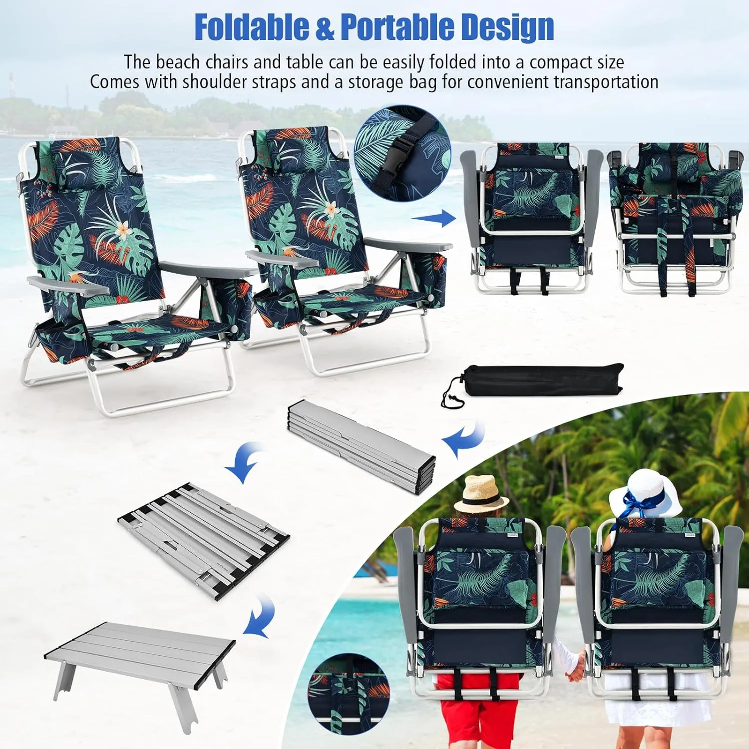 Backpack Beach Chair, 5 Position Adjustable Camping Chairs with Aluminum Table, Head Pillow, Cooler Bag, Cup Holders, Folding Beach Chairs for Adults (with Table, Floral Pattern)