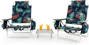Backpack Beach Chair, 5 Position Adjustable Camping Chairs with Aluminum Table, Head Pillow, Cooler Bag, Cup Holders, Folding Beach Chairs for Adults (with Table, Floral Pattern)