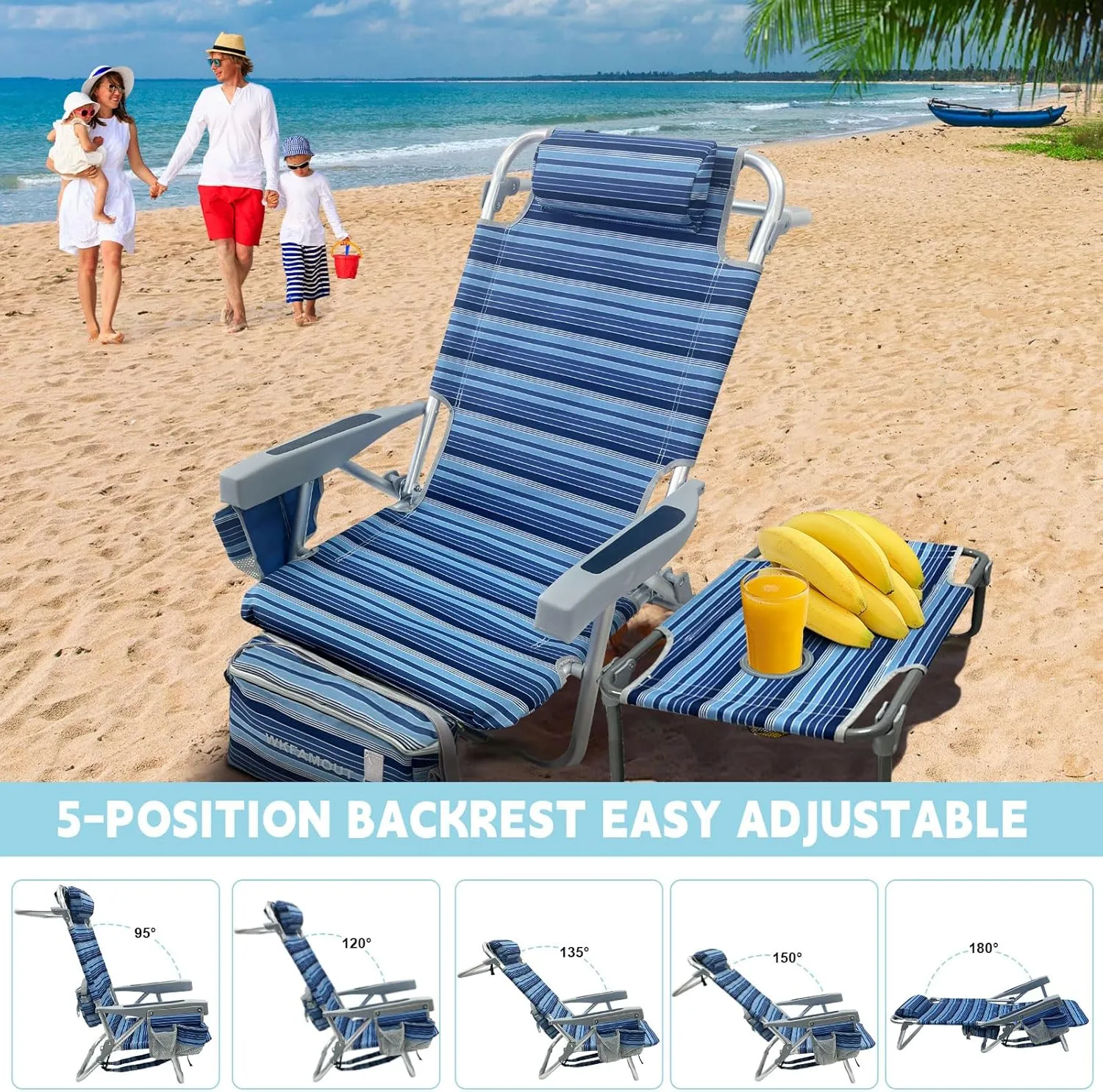 Backpack Beach Chair Aluminum with Folding Camping Table 5-Position Lay Flat Lounge Chair Outdoor for Adults with Insulated Cooler Bag and Cup Holder