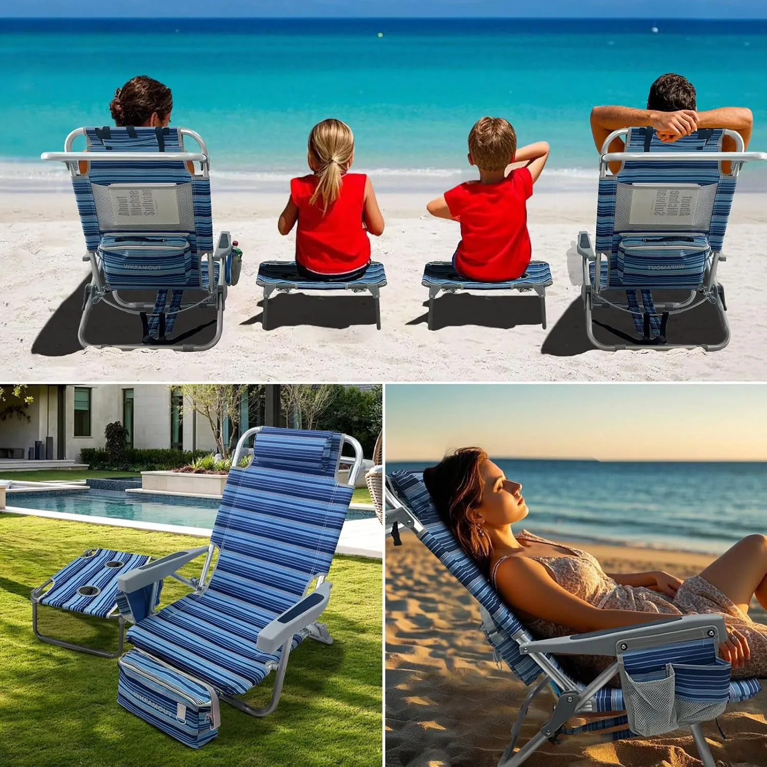 Backpack Beach Chair Aluminum with Folding Camping Table 5-Position Lay Flat Lounge Chair Outdoor for Adults with Insulated Cooler Bag and Cup Holder