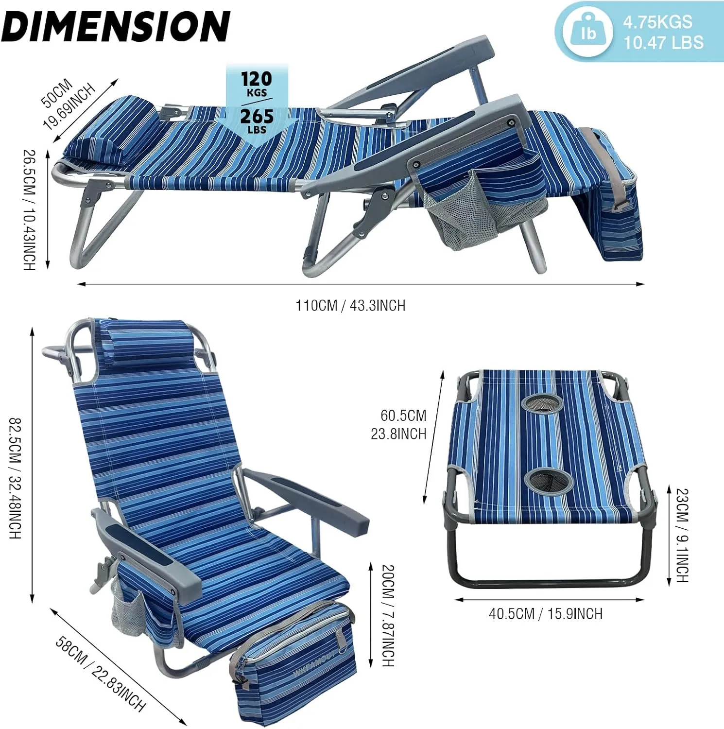 Backpack Beach Chair Aluminum with Folding Camping Table 5-Position Lay Flat Lounge Chair Outdoor for Adults with Insulated Cooler Bag and Cup Holder