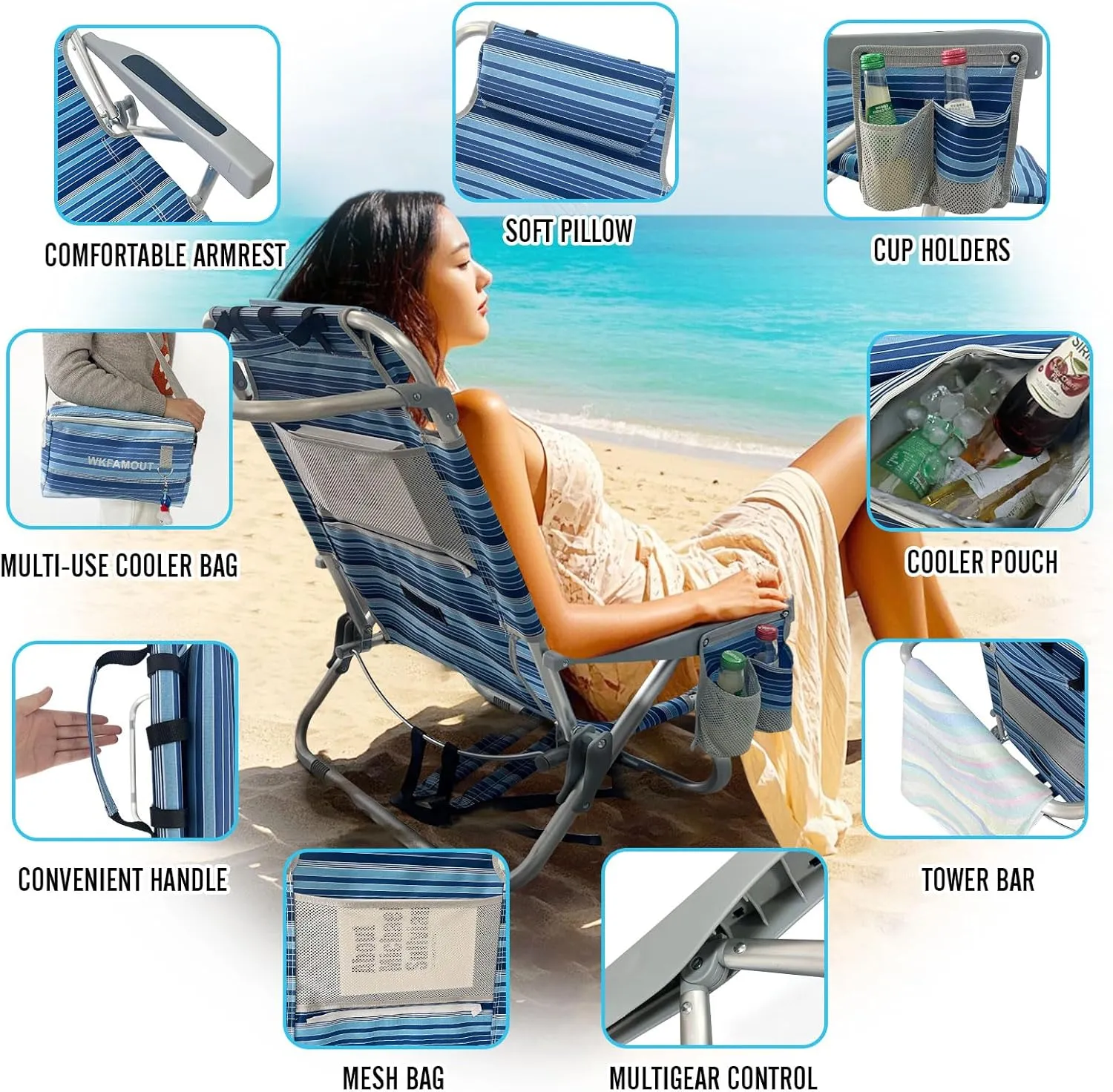 Backpack Beach Chair Aluminum with Folding Camping Table 5-Position Lay Flat Lounge Chair Outdoor for Adults with Insulated Cooler Bag and Cup Holder