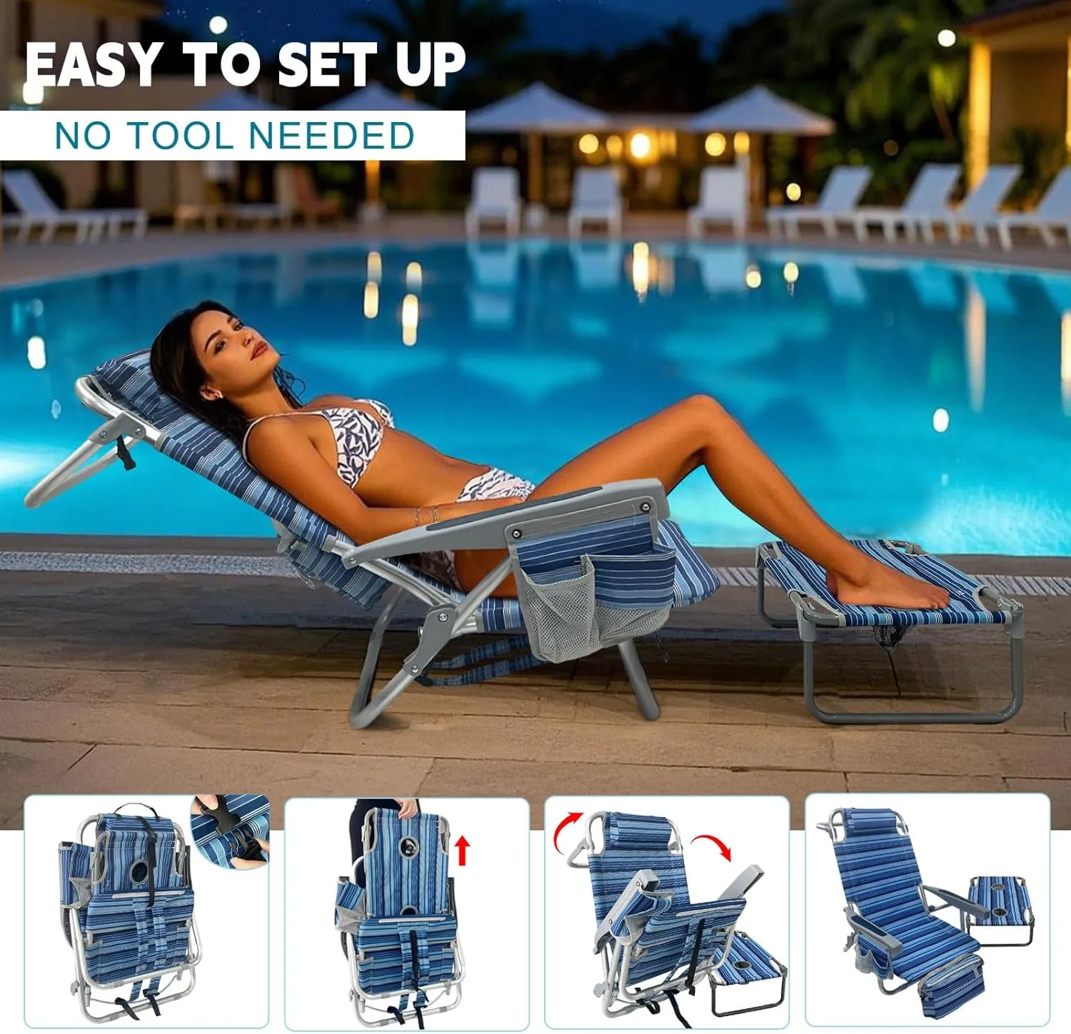 Backpack Beach Chair Aluminum with Folding Camping Table 5-Position Lay Flat Lounge Chair Outdoor for Adults with Insulated Cooler Bag and Cup Holder