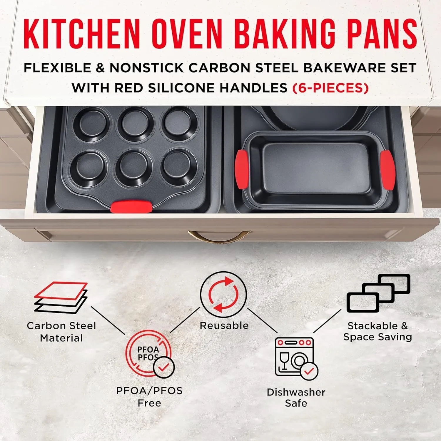 Baking Set – 6 Piece Kitchen Oven Bakeware Set – Deluxe Non-Stick Black Coating Inside and Outside – Carbon Steel – Red Silicone Handles – PFOA PFOS and PTFE Free by Bakken