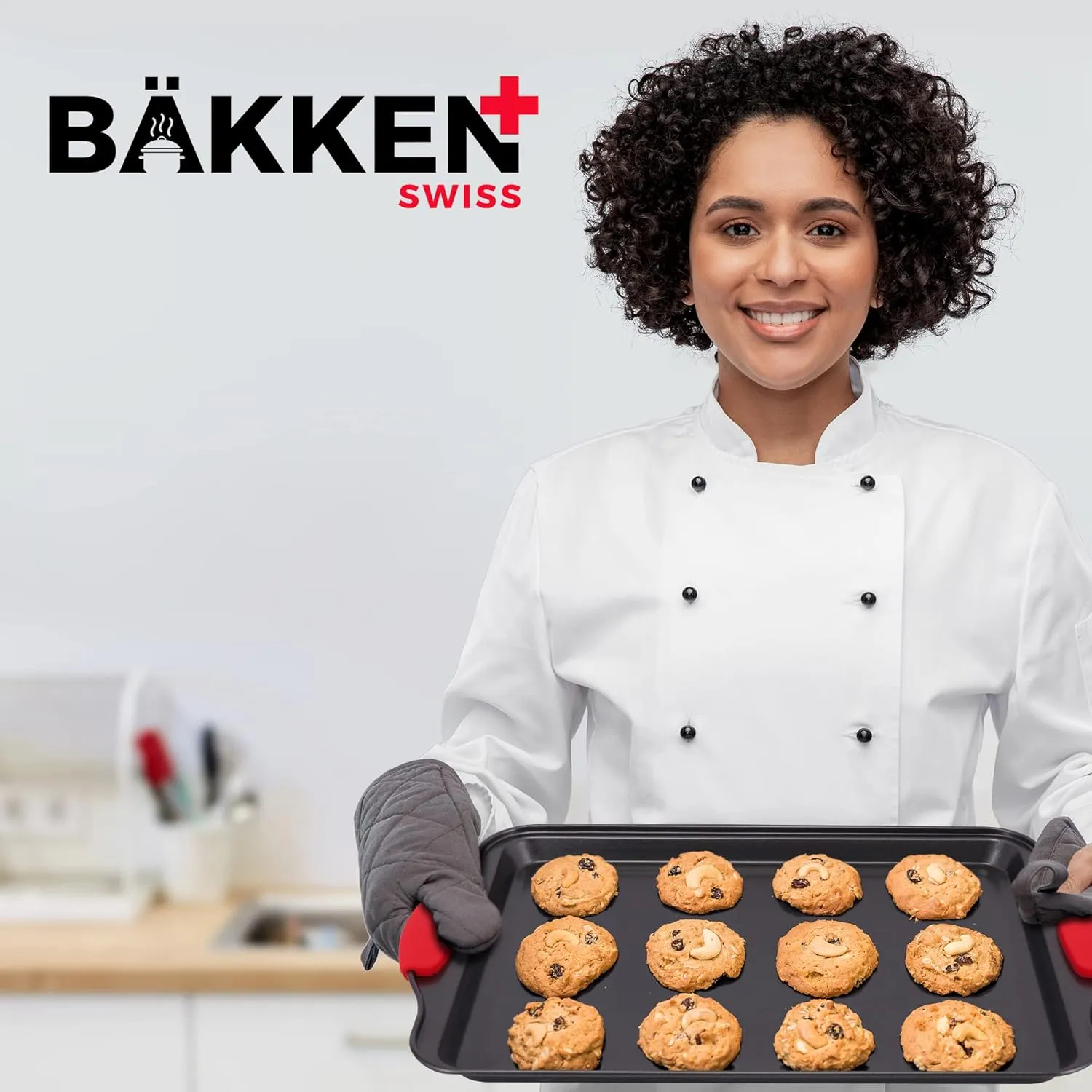 Baking Set – 6 Piece Kitchen Oven Bakeware Set – Deluxe Non-Stick Black Coating Inside and Outside – Carbon Steel – Red Silicone Handles – PFOA PFOS and PTFE Free by Bakken