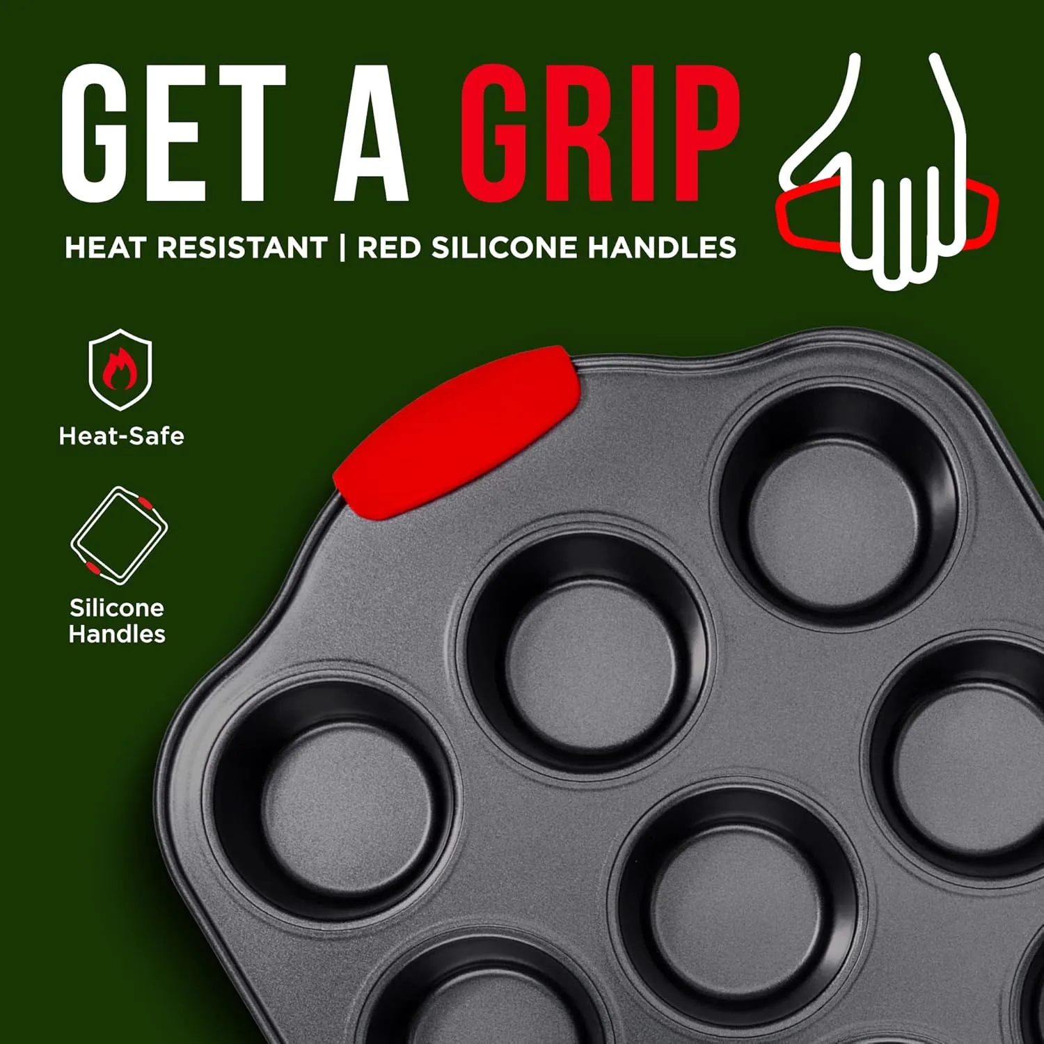 Baking Set – 6 Piece Kitchen Oven Bakeware Set – Deluxe Non-Stick Black Coating Inside and Outside – Carbon Steel – Red Silicone Handles – PFOA PFOS and PTFE Free by Bakken