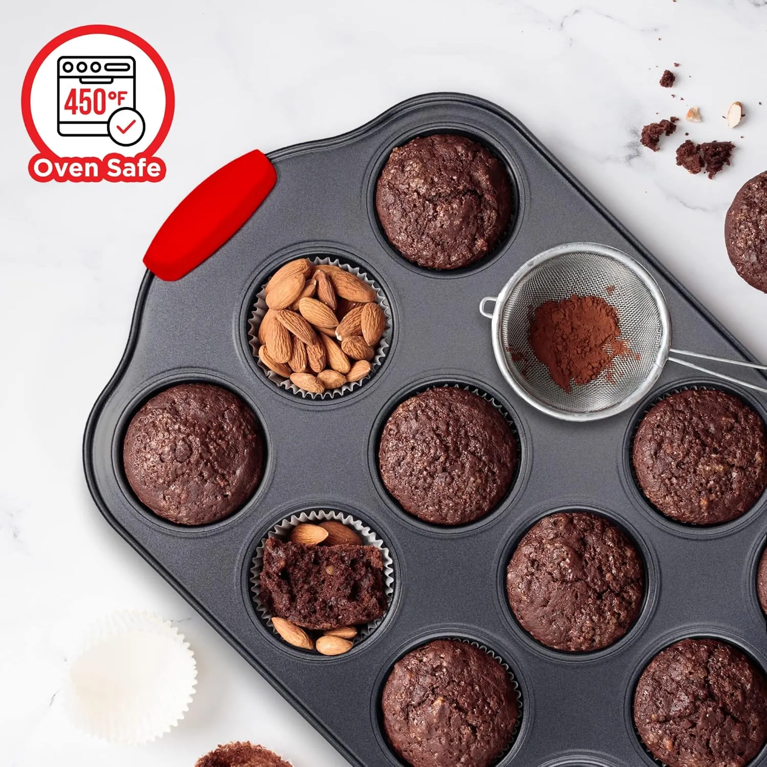 Baking Set – 6 Piece Kitchen Oven Bakeware Set – Deluxe Non-Stick Black Coating Inside and Outside – Carbon Steel – Red Silicone Handles – PFOA PFOS and PTFE Free by Bakken