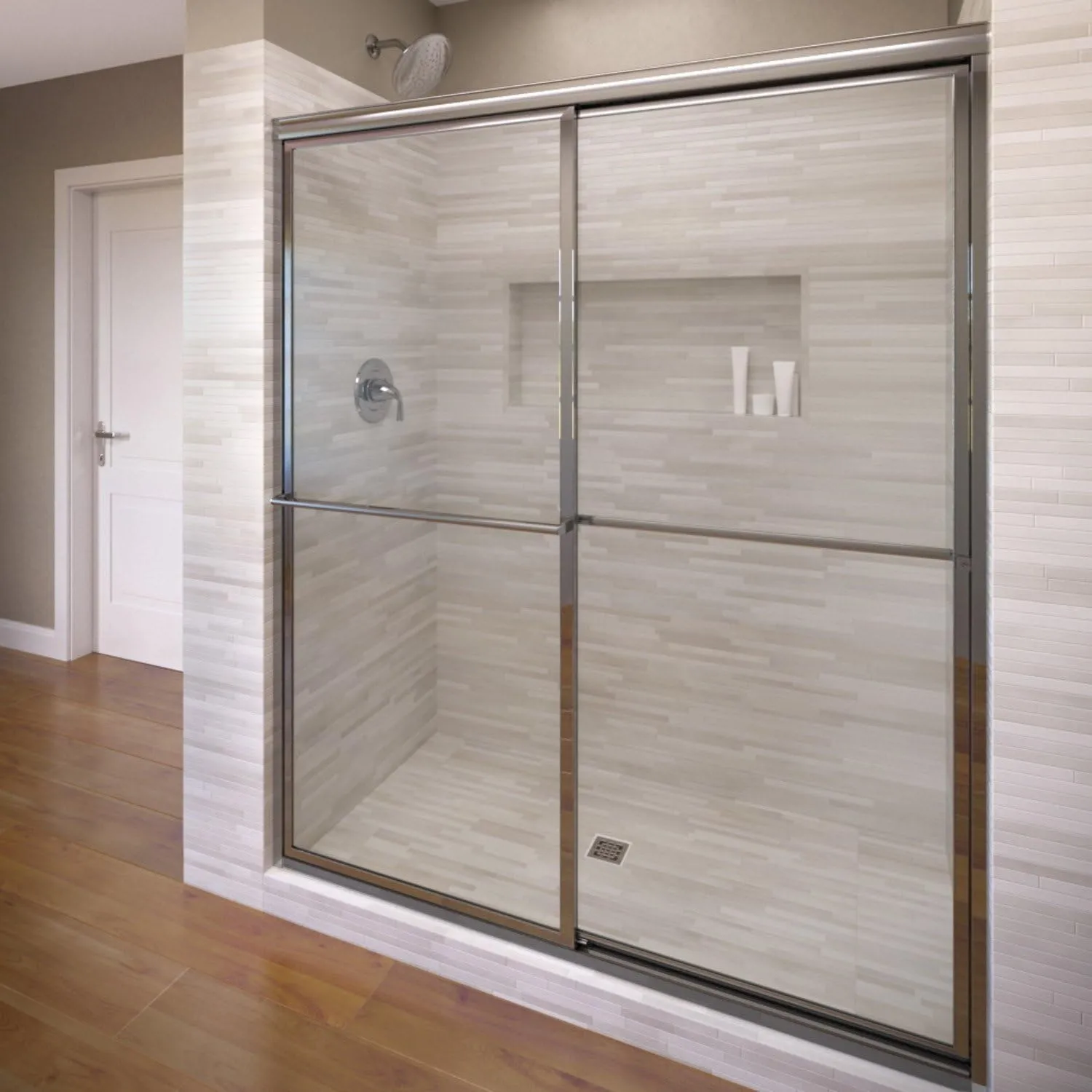 Basco Deluxe Framed Sliding Shower Door, Fits 42-44 inch opening, Clear Glass, Silver Finish