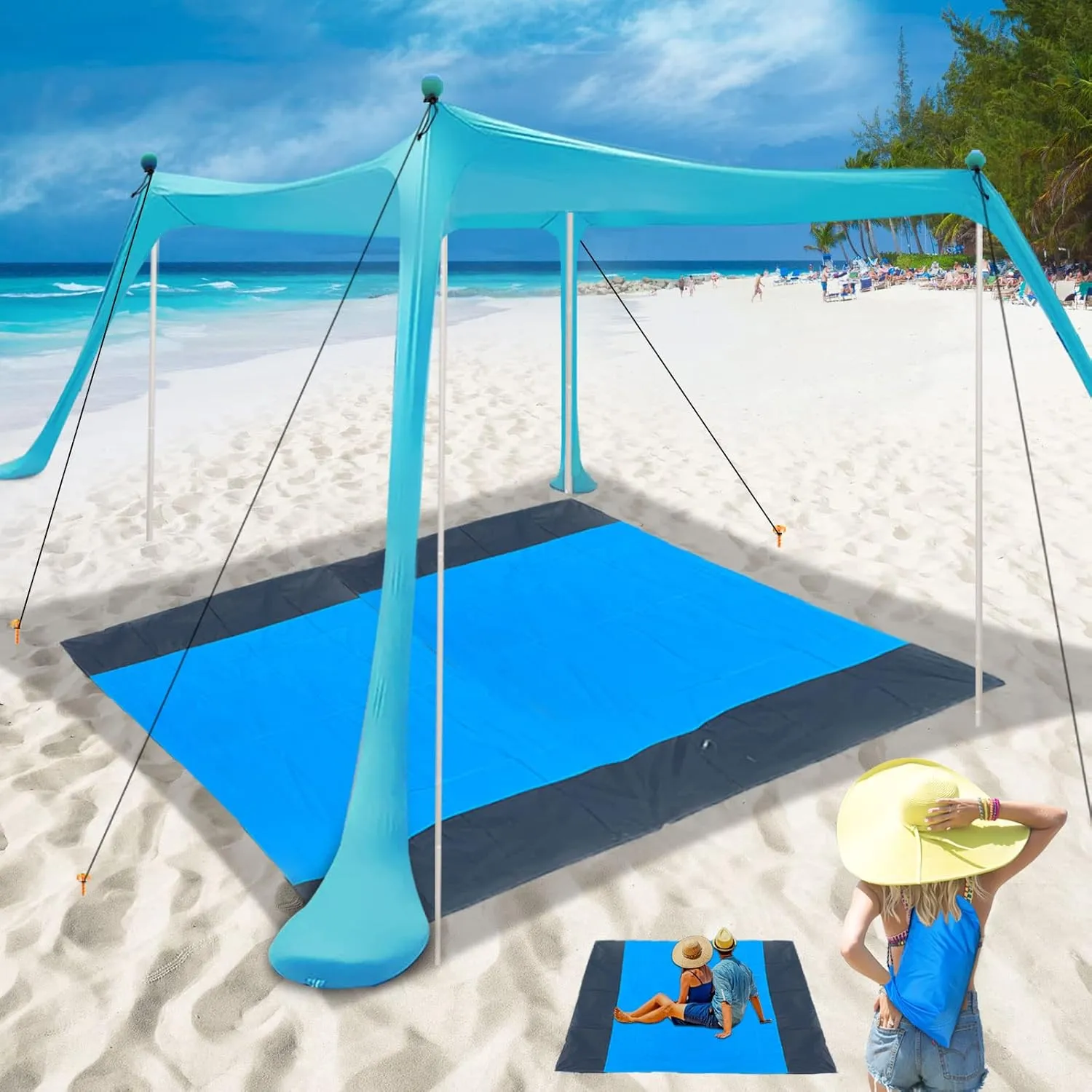 Beach Canopy Beach Tent 11X11 FT Include Beach Blanket Beach Shade Canopy UPF50  Sun Protection Windproof Ropes 4 Poles Carry Bag Easy to Set Up for Outdoor Camping