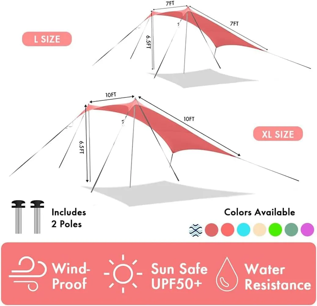Beach Canopy Windproof Design, Sun Shelter UPF50  Portable Family Tent with 6 Sandbags Anchors 10x10 FT 2 Pole Pop Up Outdoor Shelter for Beach, Camping, Fishing, Backyard