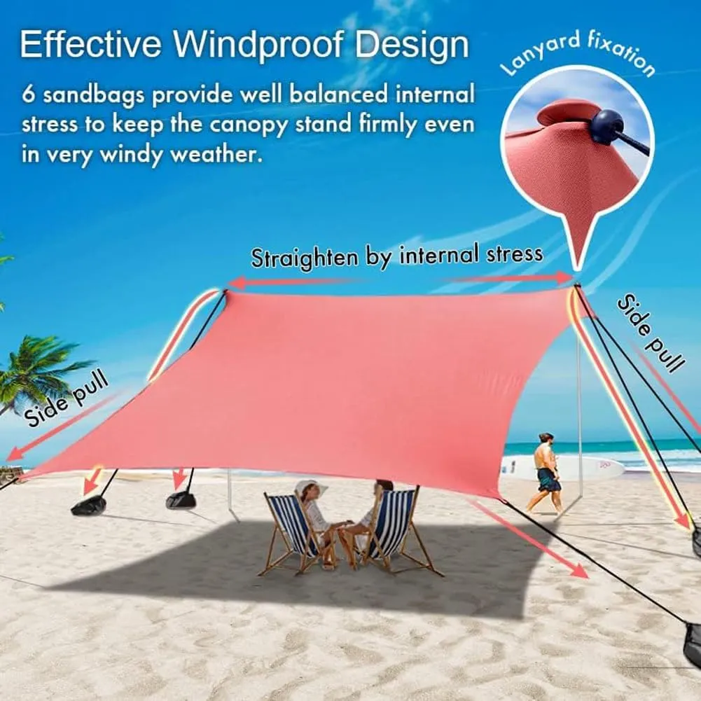 Beach Canopy Windproof Design, Sun Shelter UPF50  Portable Family Tent with 6 Sandbags Anchors 10x10 FT 2 Pole Pop Up Outdoor Shelter for Beach, Camping, Fishing, Backyard