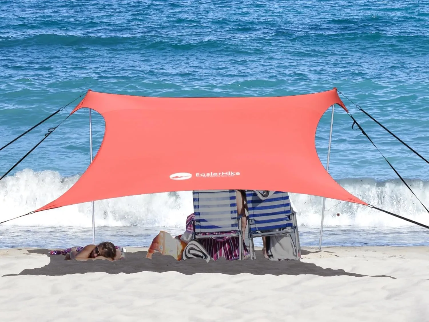 Beach Canopy Windproof Design, Sun Shelter UPF50  Portable Family Tent with 6 Sandbags Anchors 10x10 FT 2 Pole Pop Up Outdoor Shelter for Beach, Camping, Fishing, Backyard