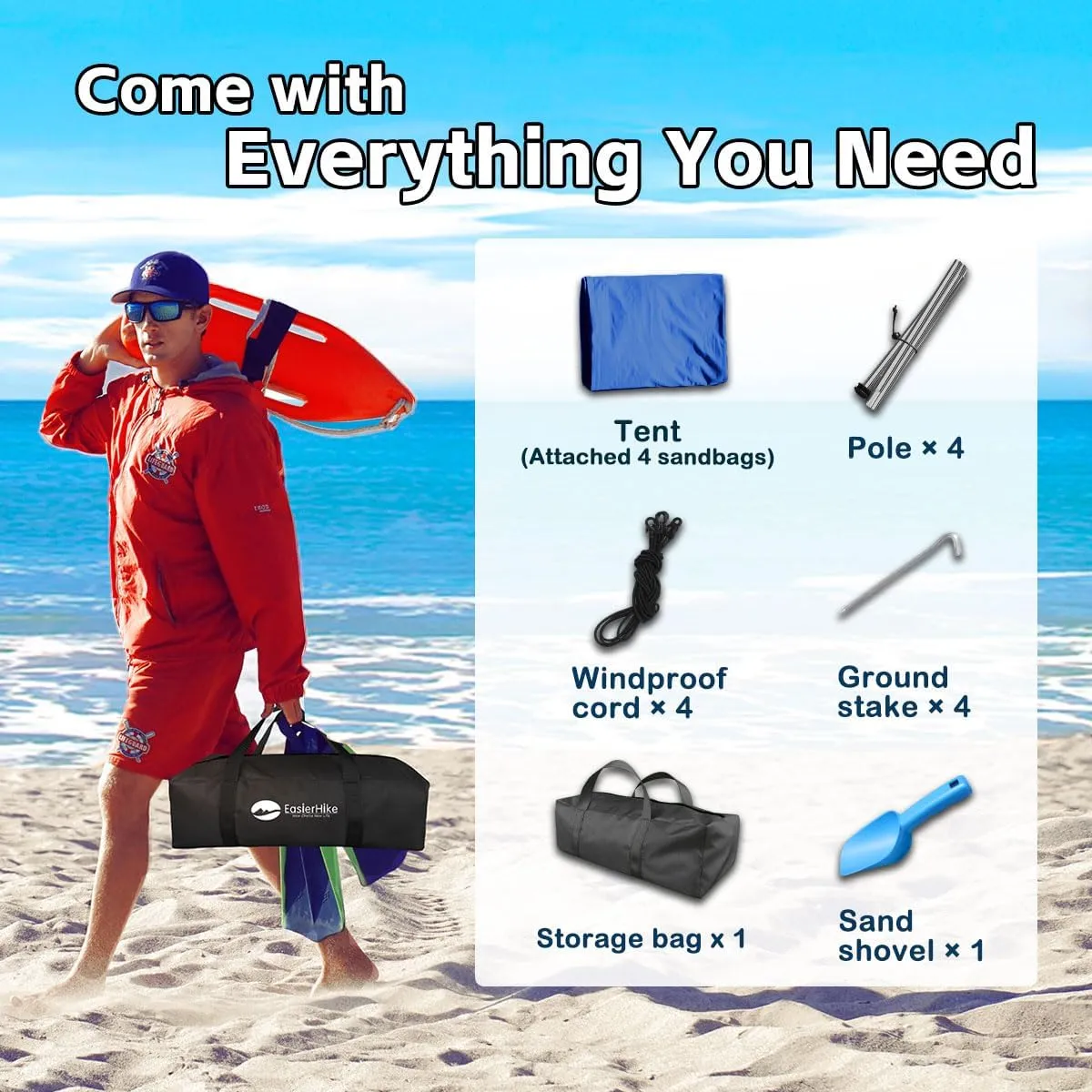Beach Shade Tent, Portable Easy Pop Up Beach Canopy, UPF50  Sun Protection Shelter, Windproof & Water Resistant, Perfect for Family