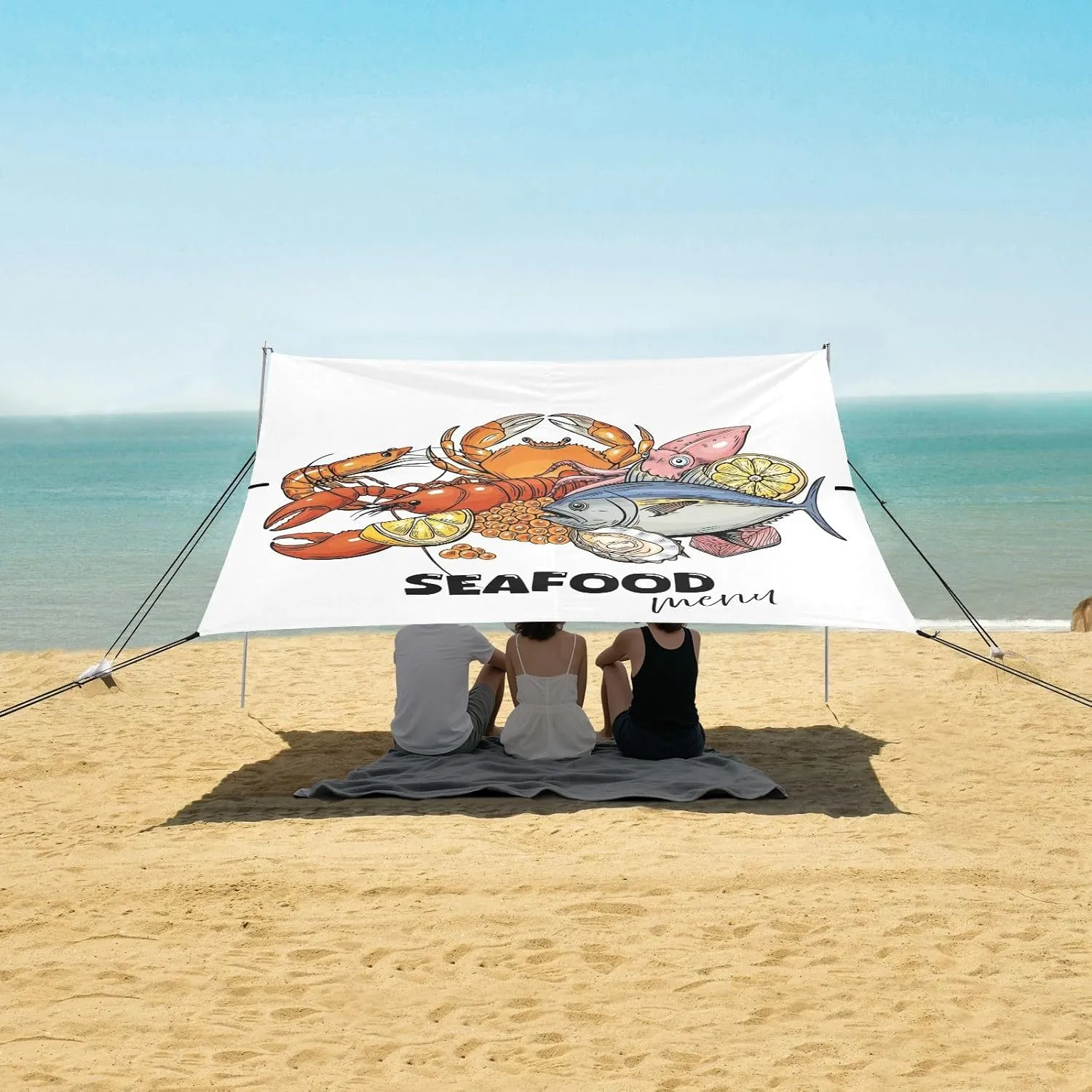 Beach Shade Tent with UPF50  UV Protection,Cartoon Seafood Set Menu Lightweight Camping Sun Shelter for Outdoor,Camping Trips, Fishing, Backyard,Picnics,Easy Set Up and Carry 9x10.5 FT
